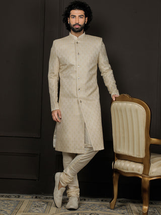 VASTRAMAY Men's Gold And Cream Silk Blend Sherwani Set