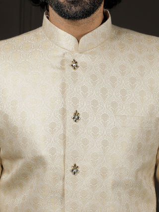 VASTRAMAY Men's Gold And Cream Silk Blend Sherwani Set