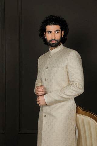 VASTRAMAY Men's Gold And Cream Silk Blend Sherwani Set