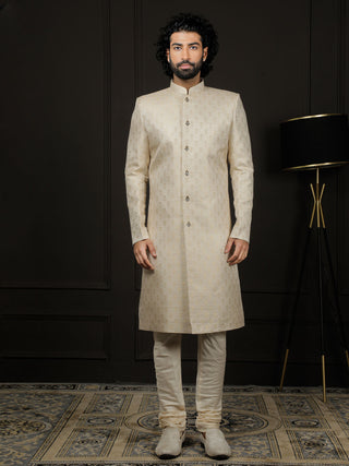 VASTRAMAY Men's Gold And Cream Silk Blend Sherwani Set