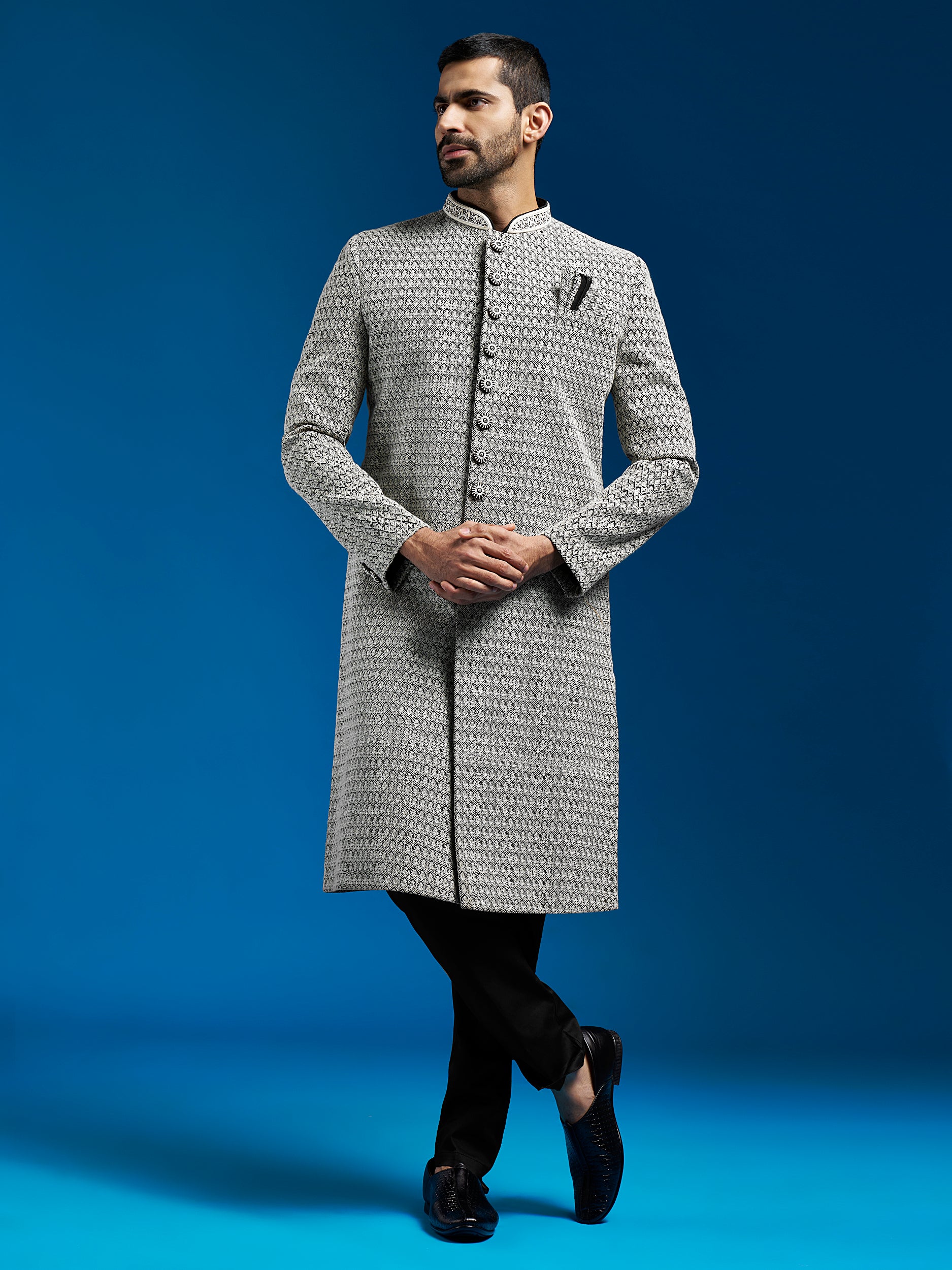 Men's Black Georgette Sherwani Set