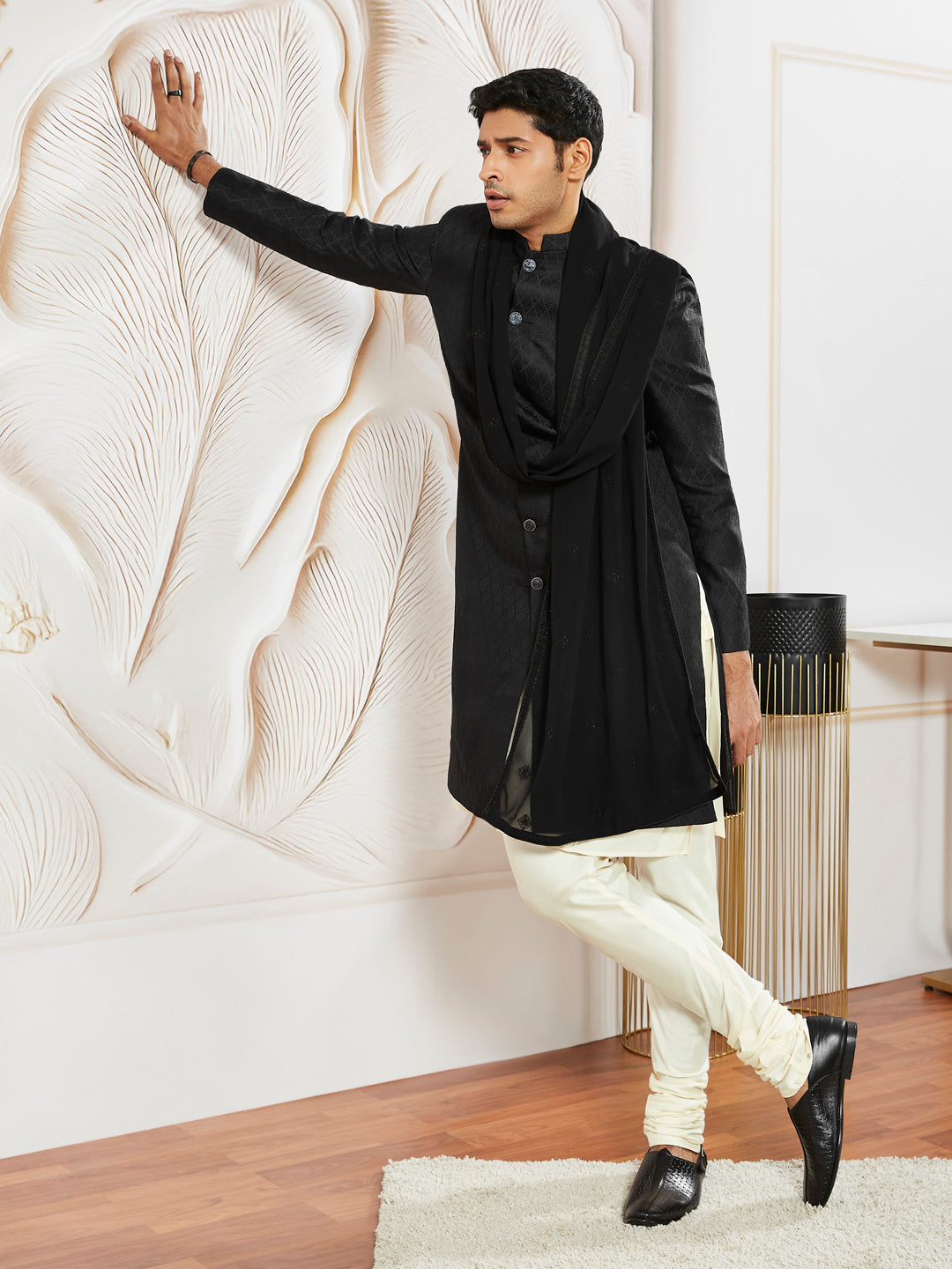 Men's Black Silk Blend Sherwani,Kurta ,Pyjama And Dupatta Set