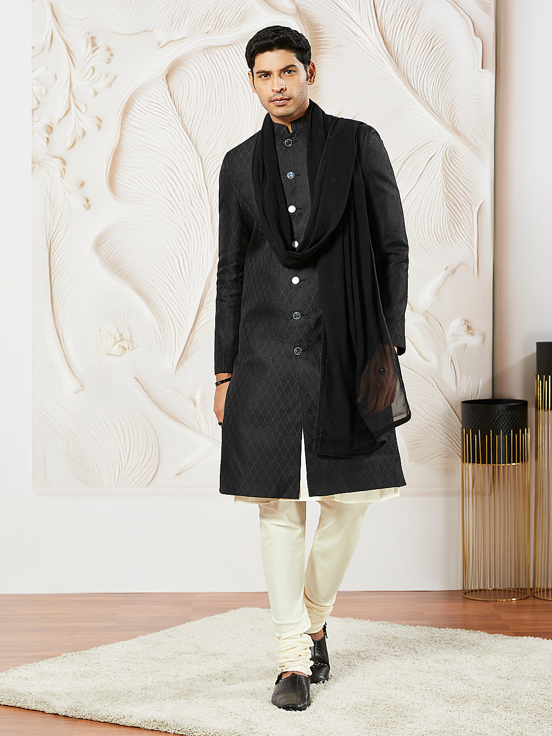 Men's Black Silk Blend Sherwani,Kurta ,Pyjama And Dupatta Set