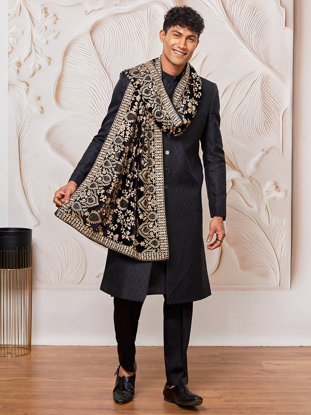 Men's Black Kalka Jacquard Sherwani Set with Viscose Pyjama & Embroidered Velvet Dupatta