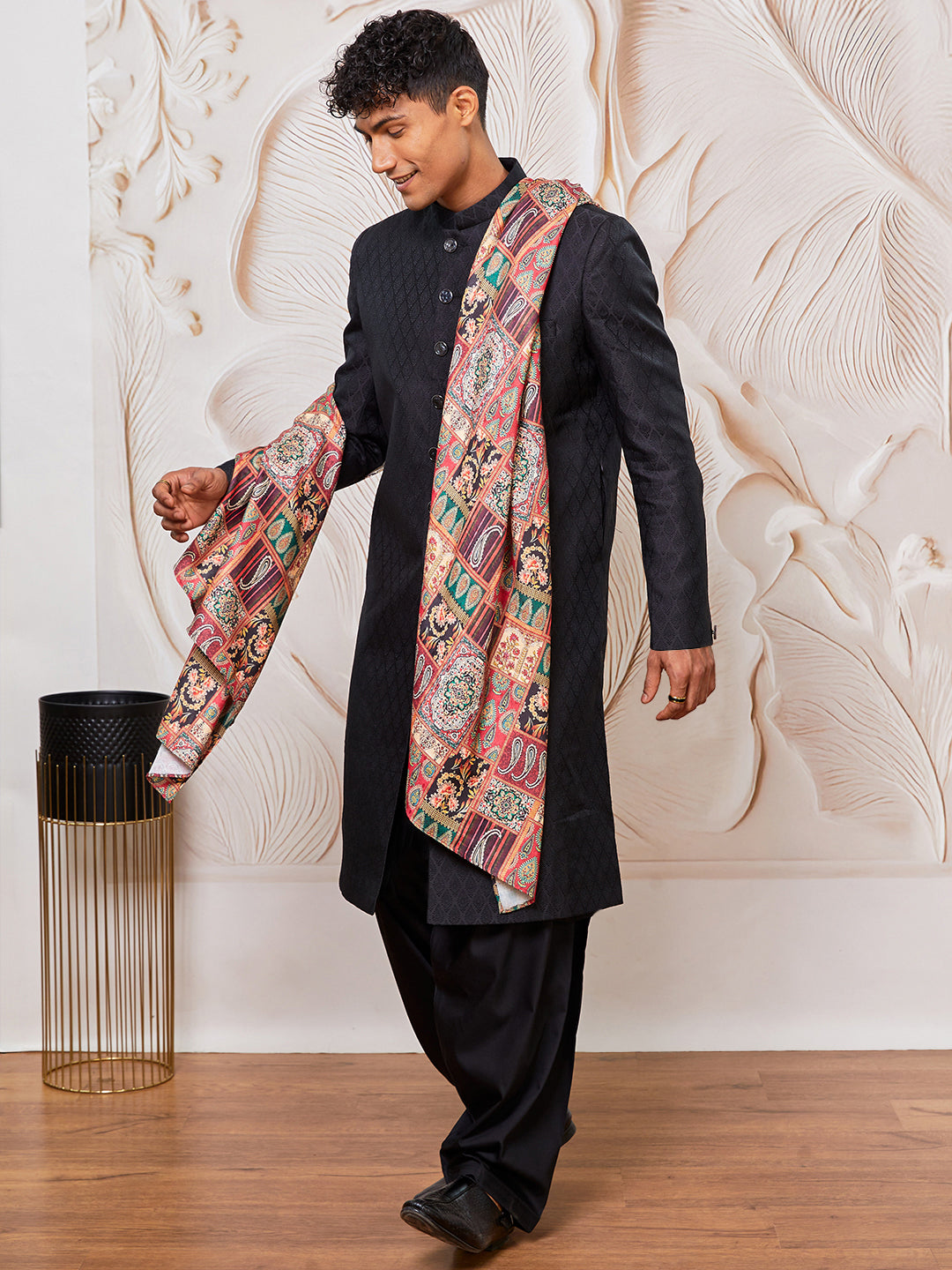 Men's Sherwani Patiala Dupatta Silk in Black VASTRAMAY – vastramay