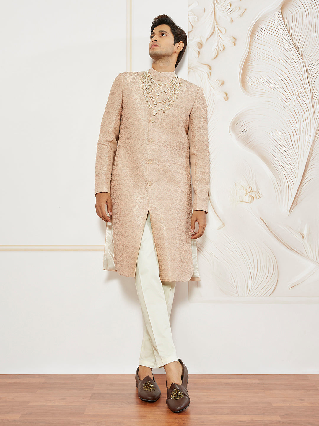 Men's Peach Silk Blend Sherwani And Pyjama Set