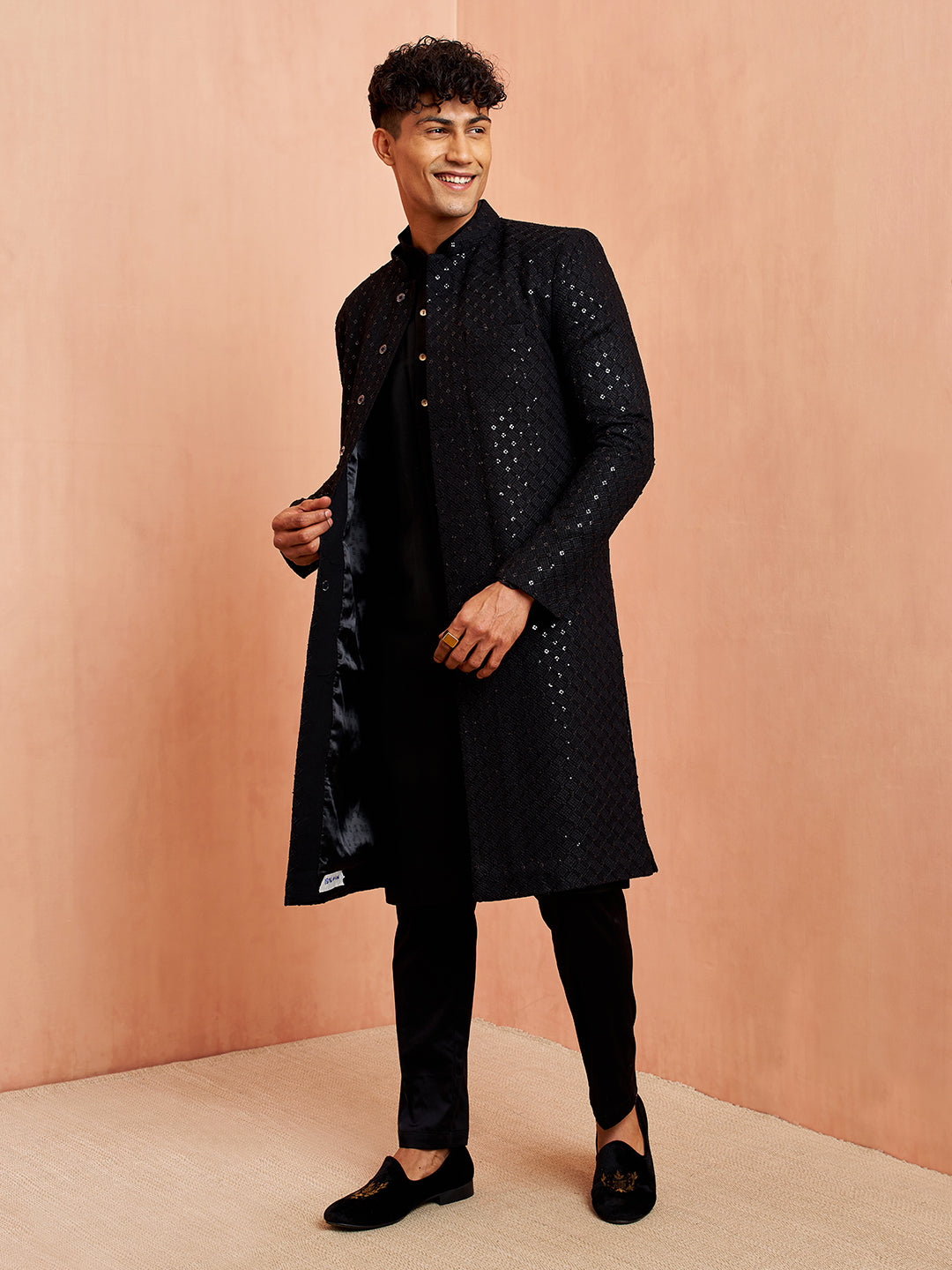 Men's Black Sherwani Kurta Pyjama