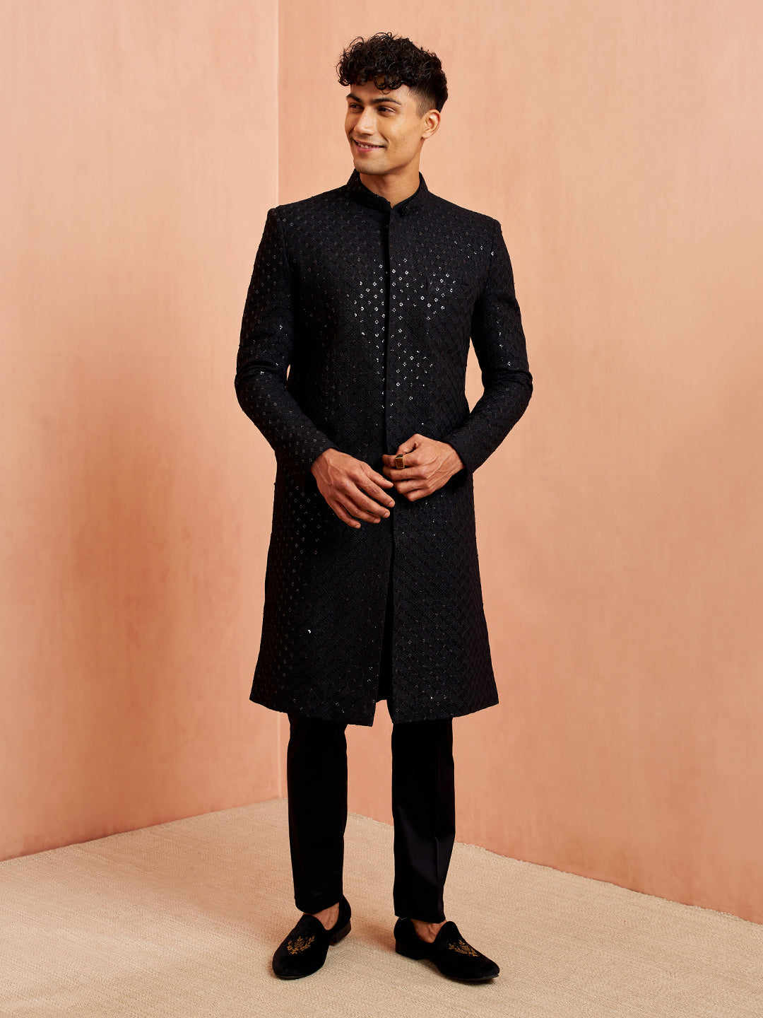 Men's Black Sherwani Kurta Pyjama