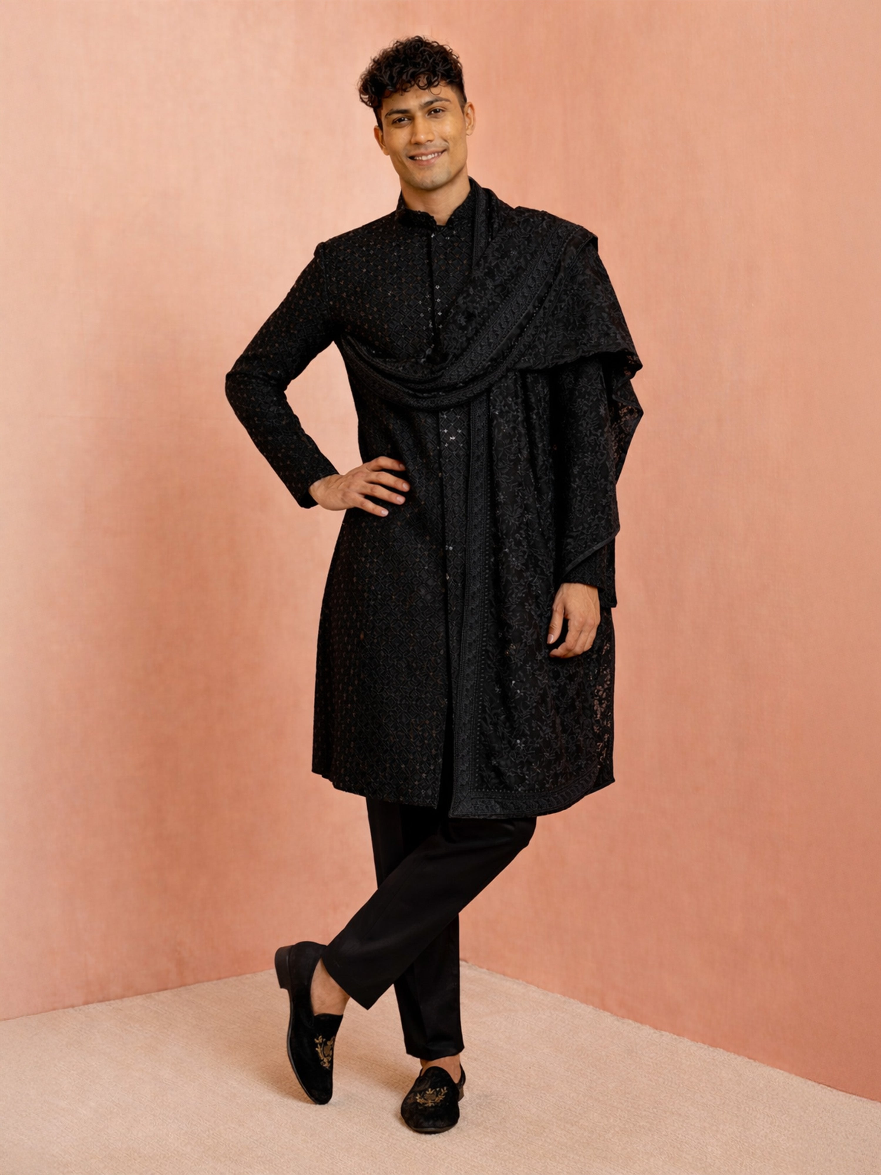 Men Black Chikankari Rayon Sherwani with Pant & Thread Work Georgette Dupatta Set