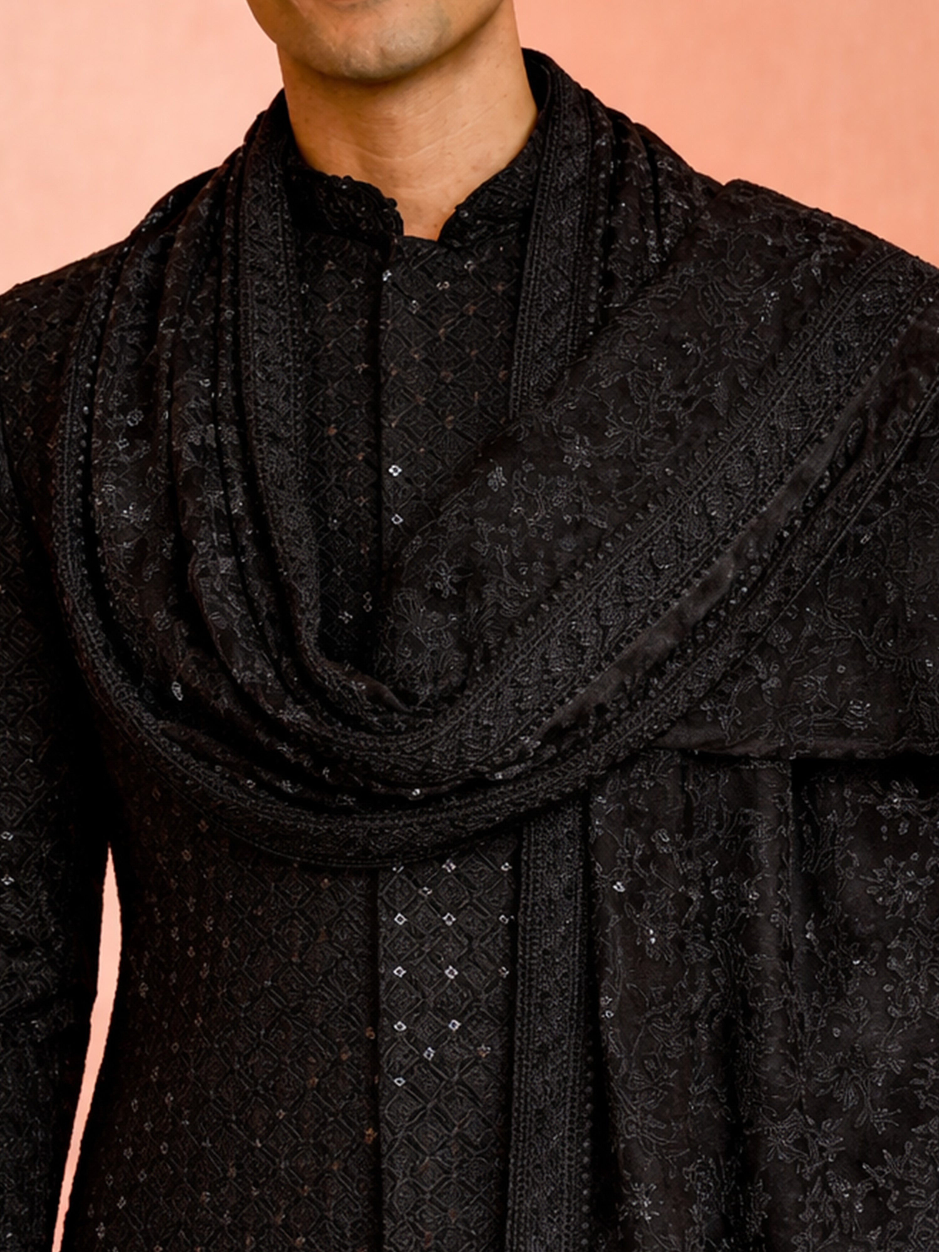 Men Black Chikankari Rayon Sherwani with Pant & Thread Work Georgette Dupatta Set
