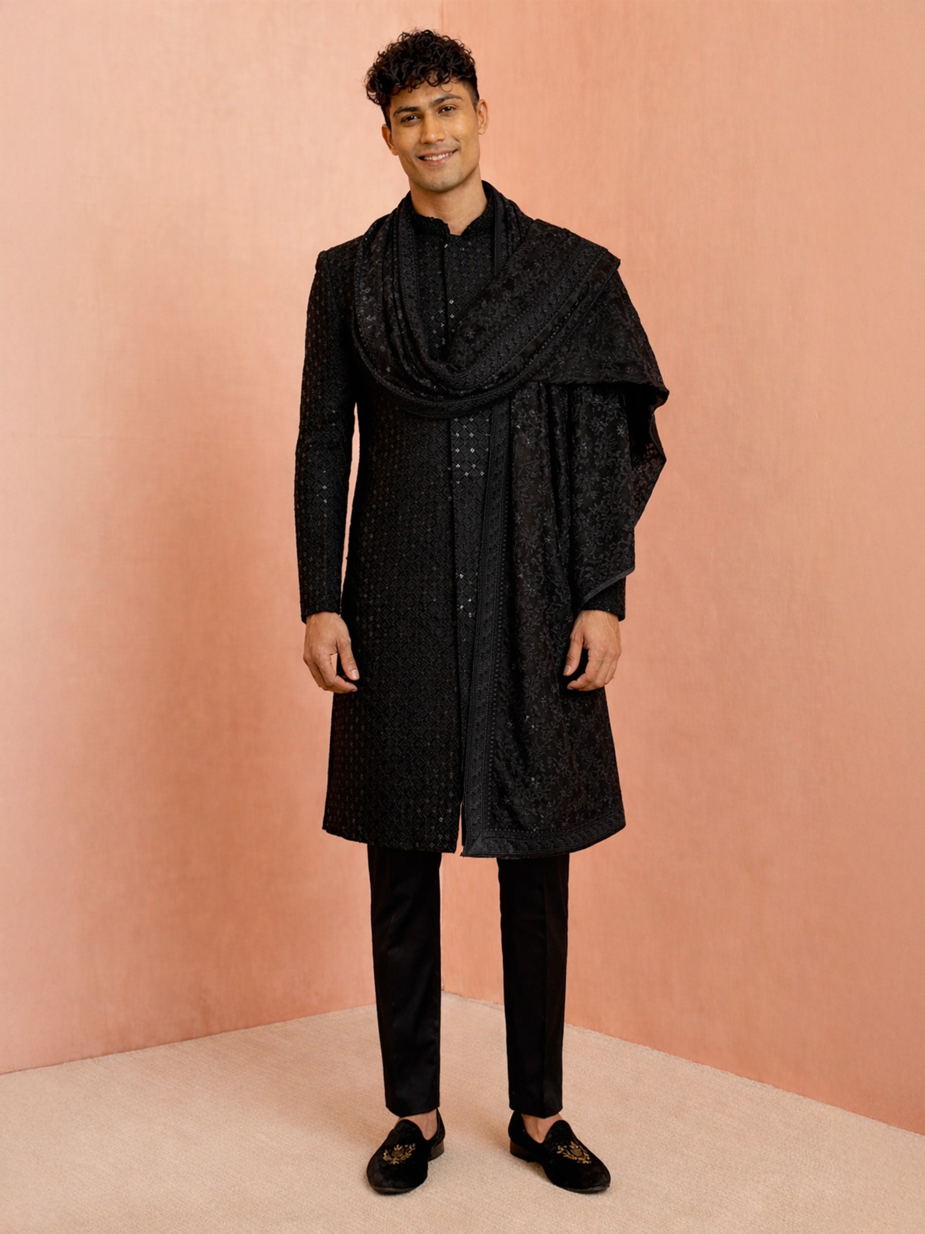 Men Black Chikankari Rayon Sherwani with Pant & Thread Work Georgette Dupatta Set