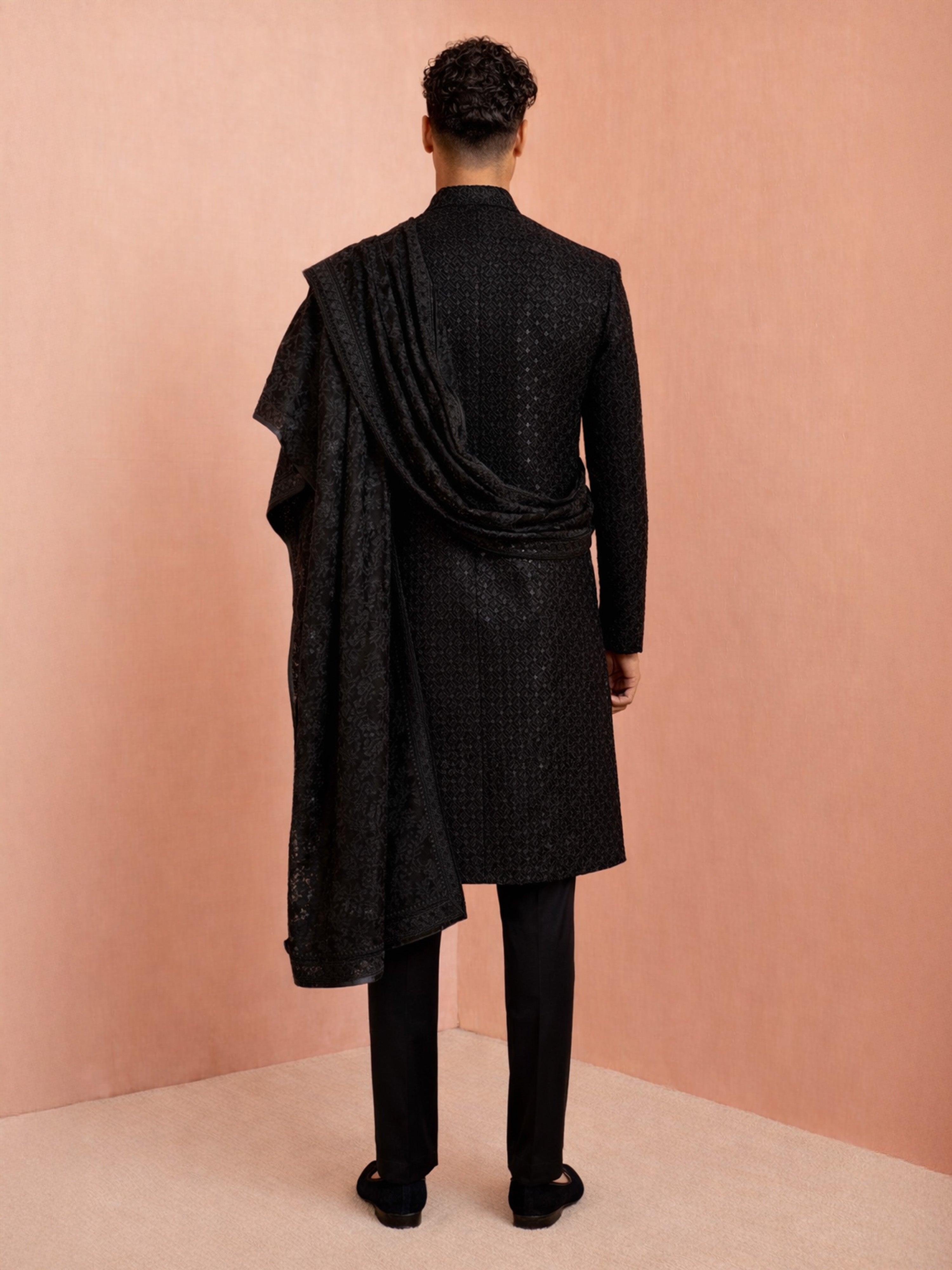 Men Black Chikankari Rayon Sherwani with Pant & Thread Work Georgette Dupatta Set
