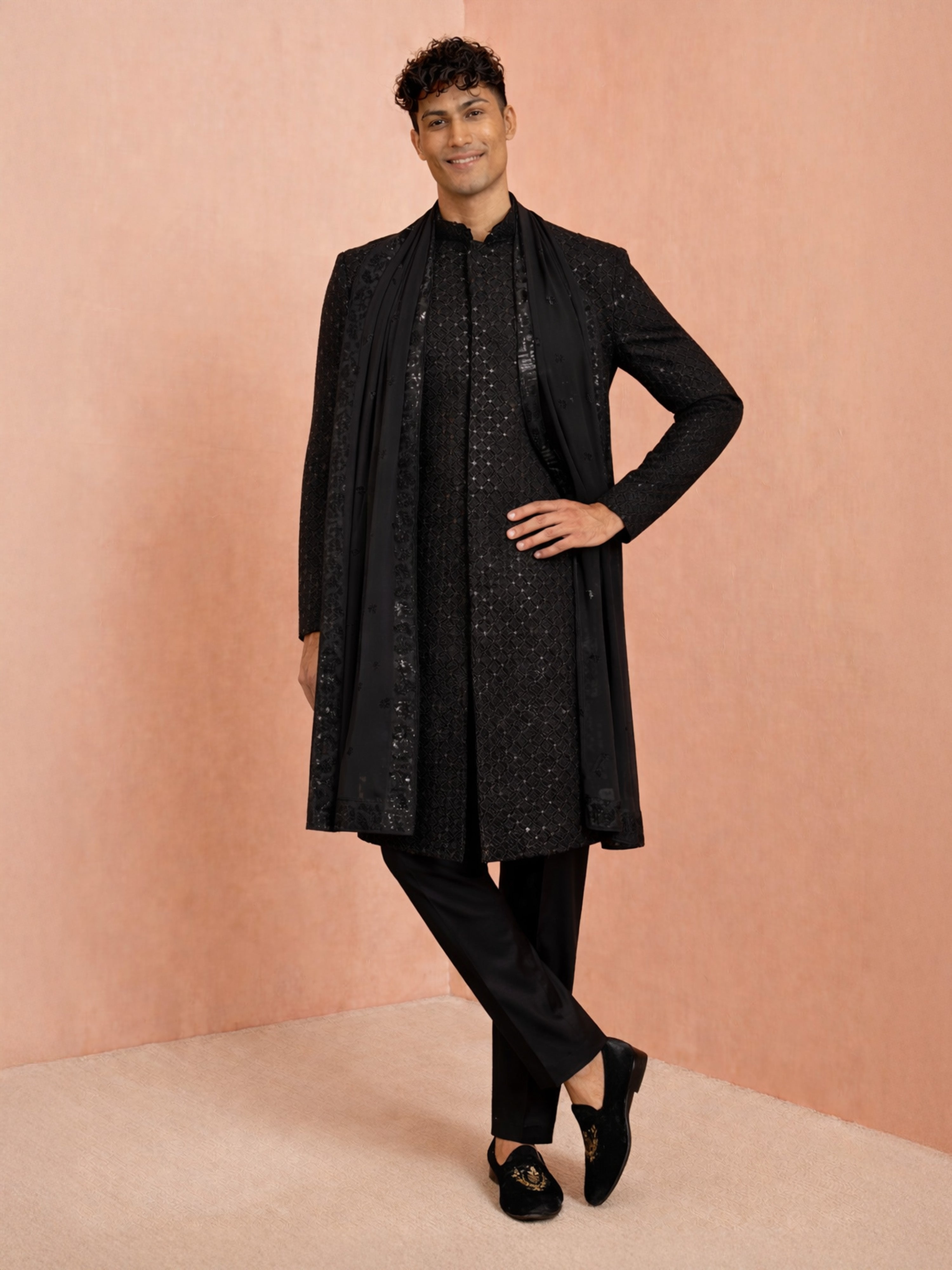 Men Black Chikankari Rayon Sherwani with Pant & Embroidered Georgette Dupatta Set