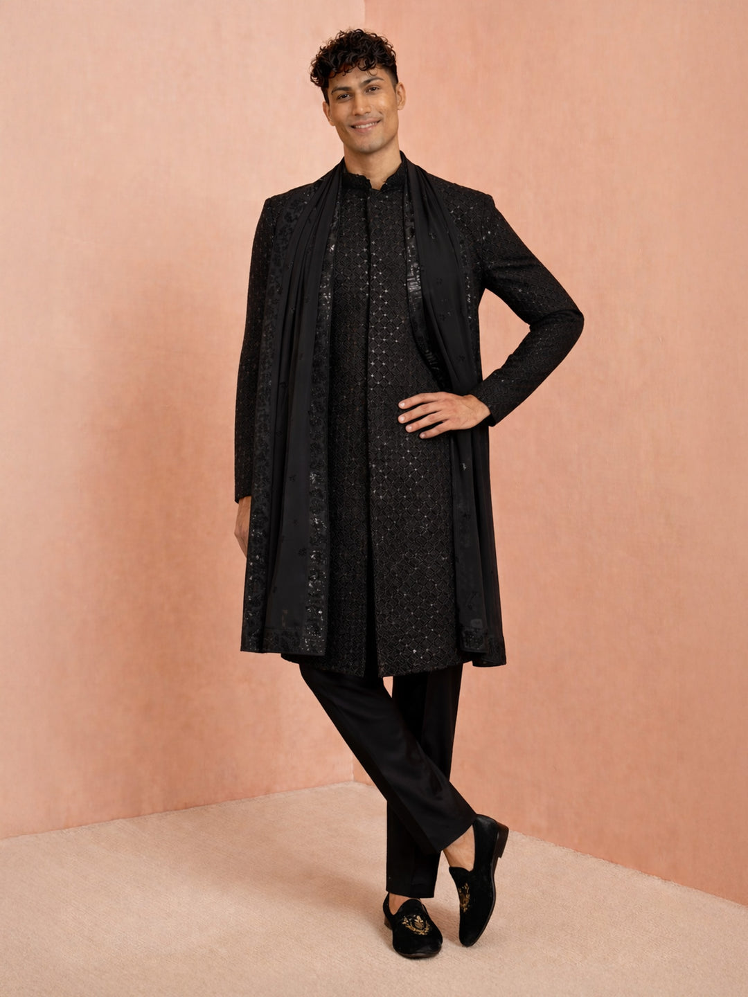 Men Black Chikankari Rayon Sherwani with Pant &amp; Embroidered Georgette Dupatta Set