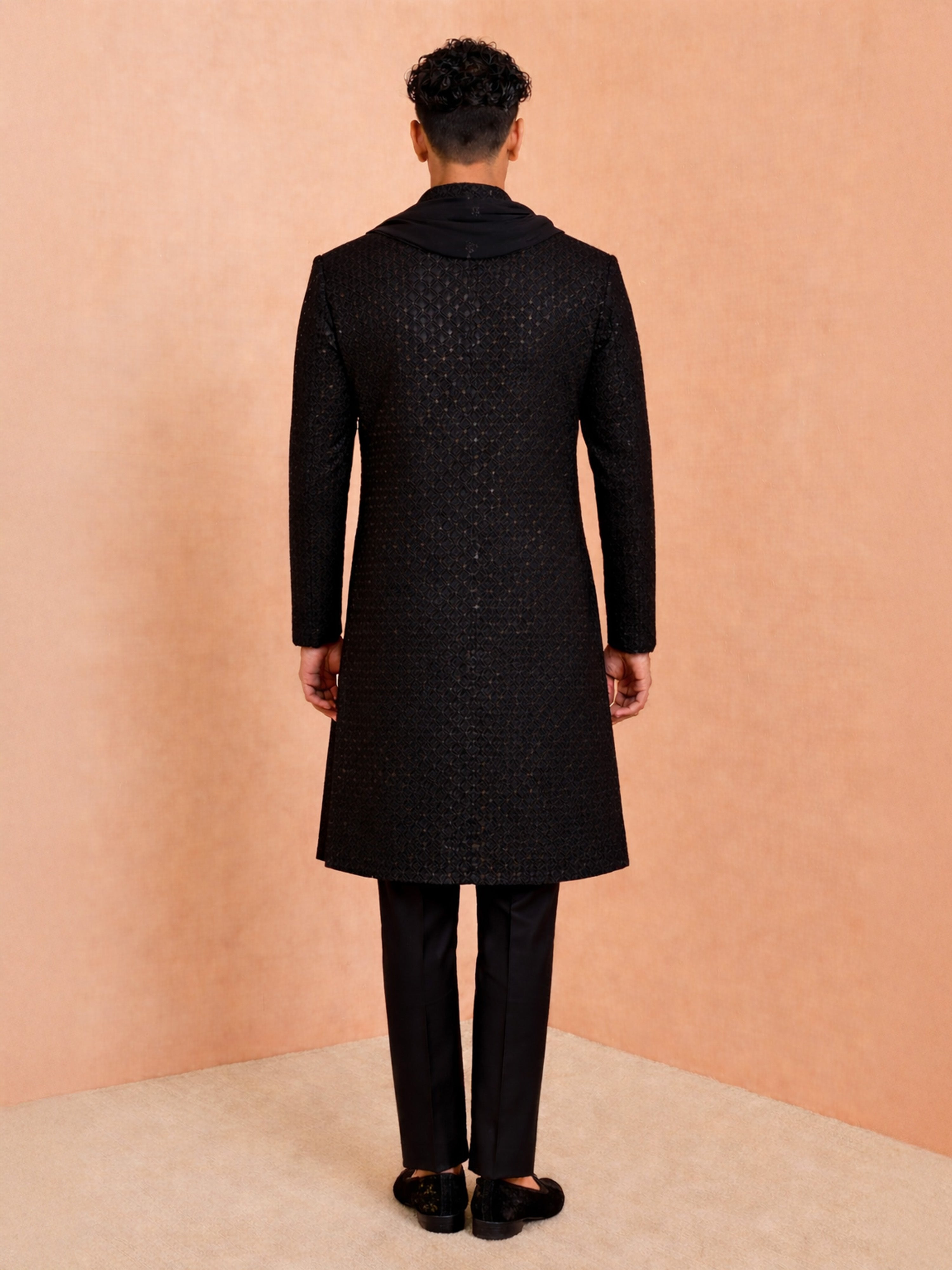 Men Black Chikankari Rayon Sherwani with Pant & Embroidered Georgette Dupatta Set