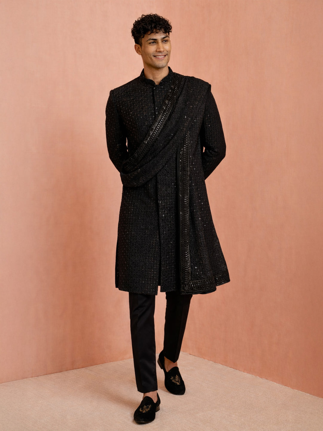 Men Black Sequin Chikankari Sherwani with Pant &amp; Thread Embroidered Georgette Dupatta Set