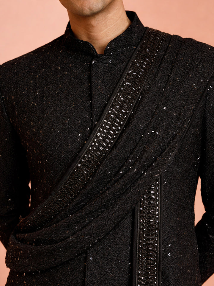 Men Black Sequin Chikankari Sherwani with Pant &amp; Thread Embroidered Georgette Dupatta Set