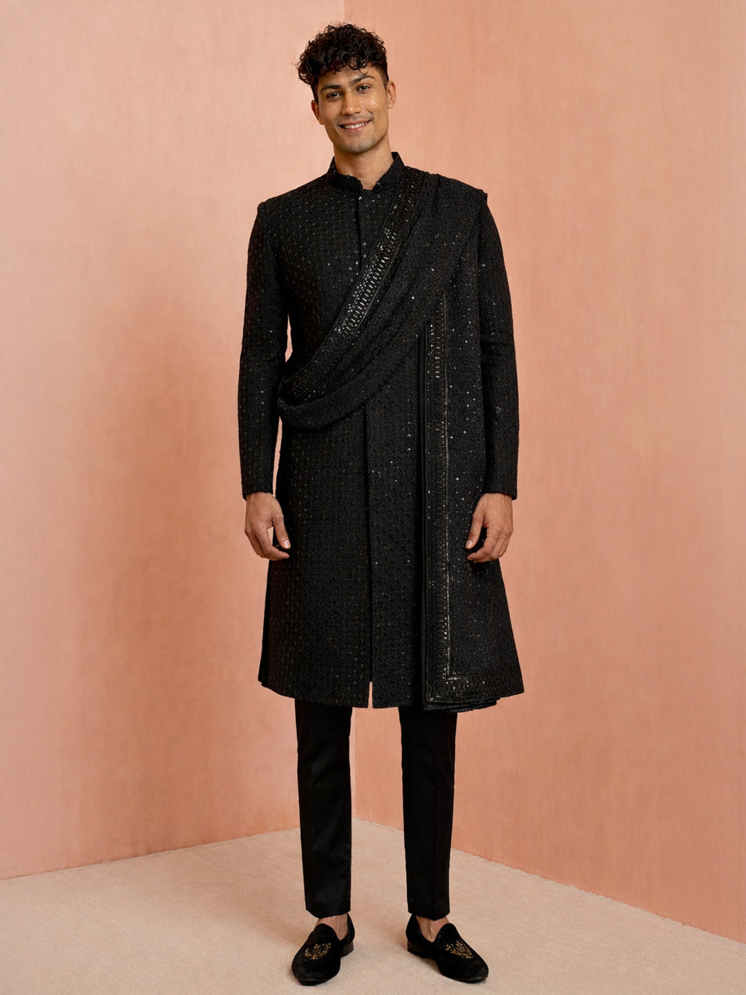 Men Black Sequin Chikankari Sherwani with Pant &amp; Thread Embroidered Georgette Dupatta Set