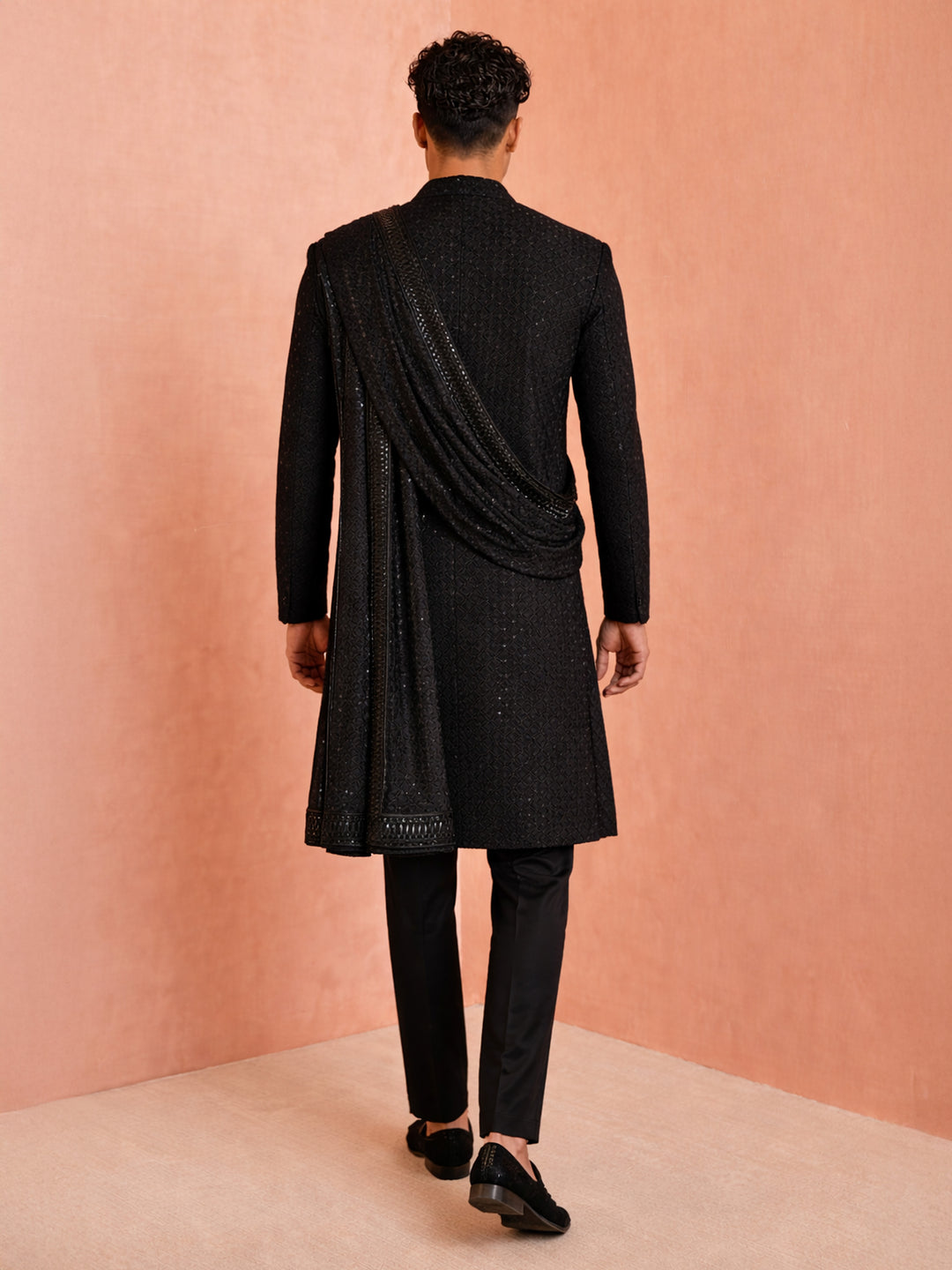 Men Black Sequin Chikankari Sherwani with Pant &amp; Thread Embroidered Georgette Dupatta Set