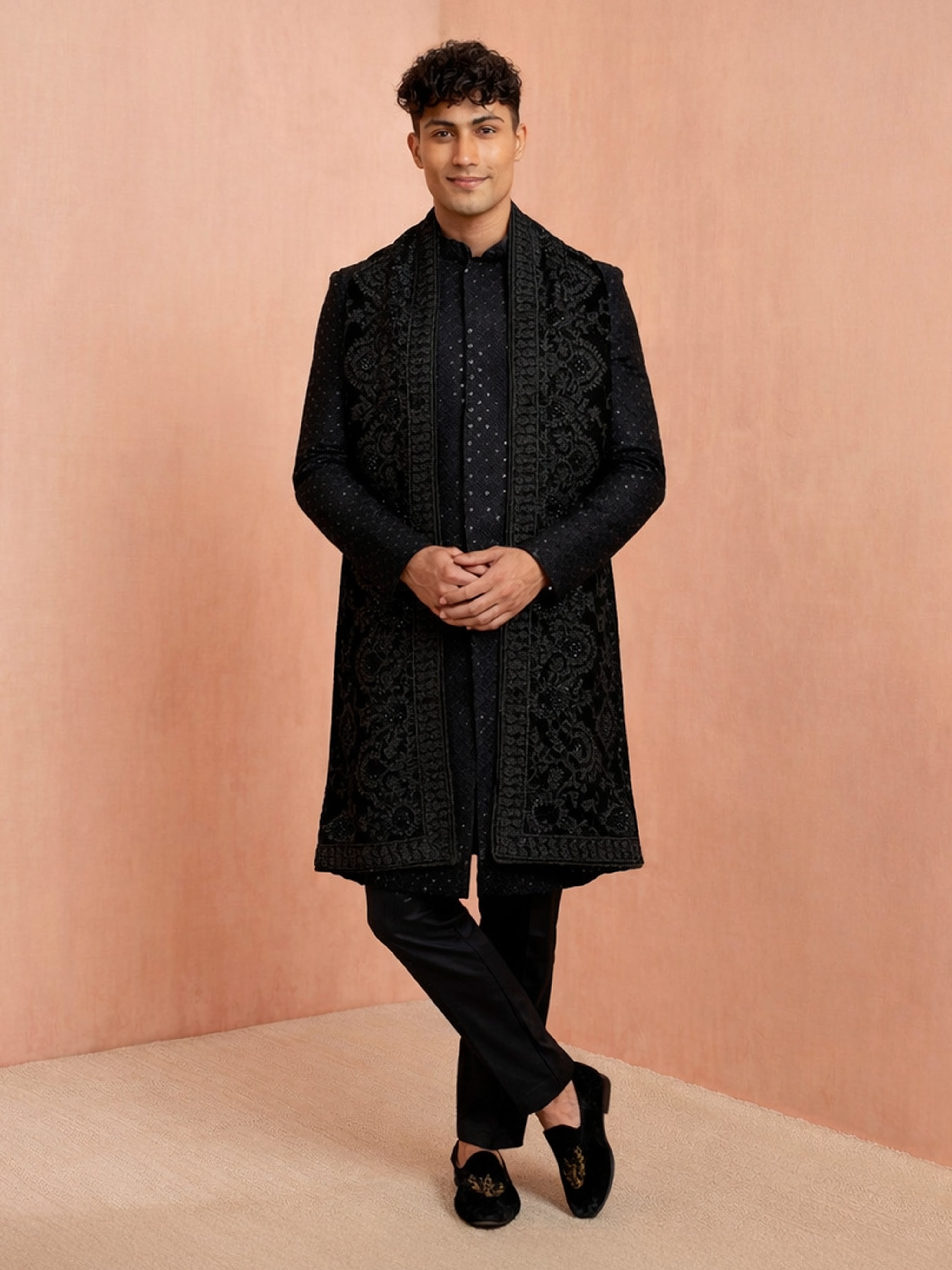Men Black Chikankari Rayon Sherwani with Pant & Embroidered Velvet Dupatta Set