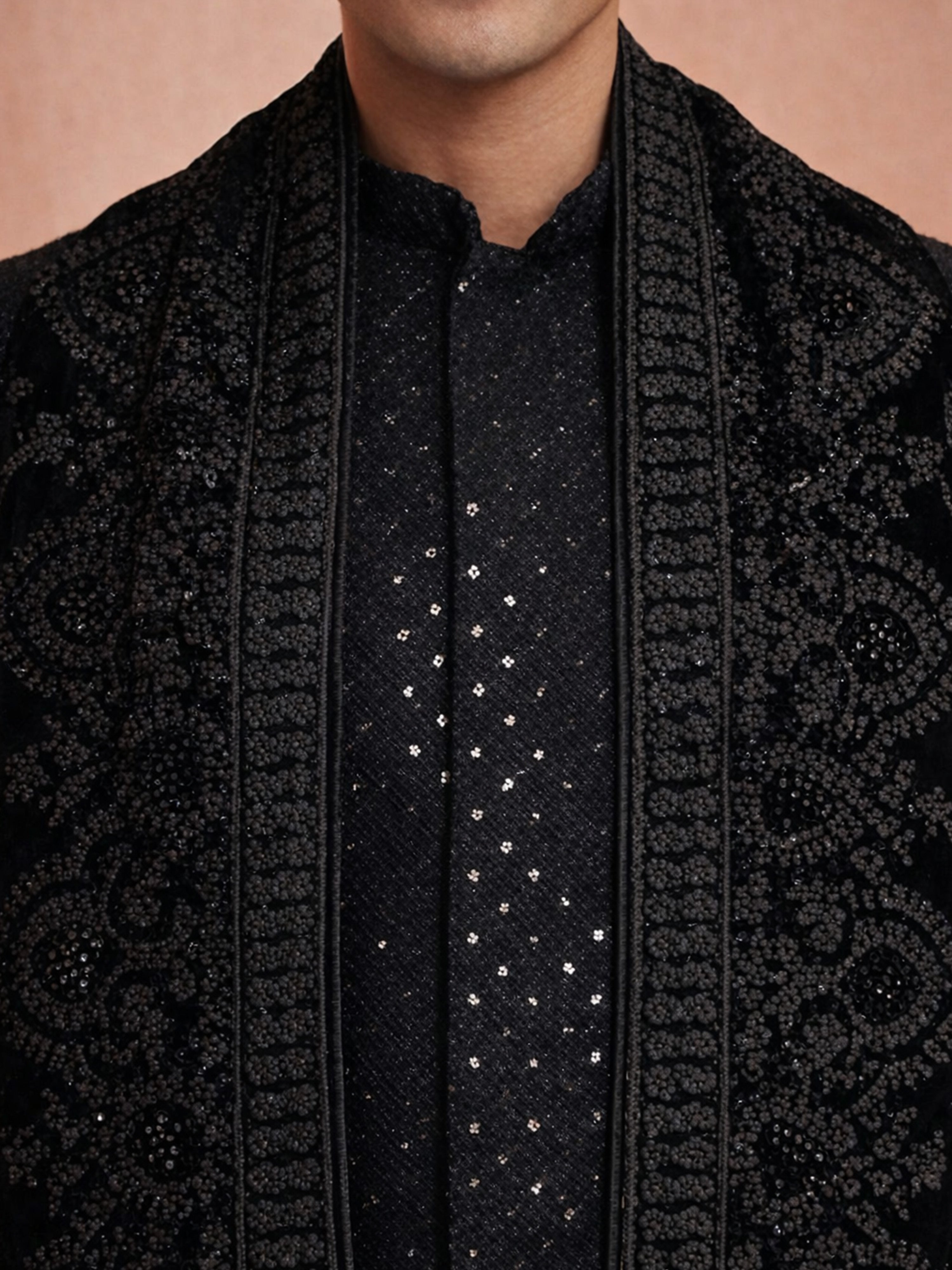 Men Black Chikankari Rayon Sherwani with Pant & Embroidered Velvet Dupatta Set