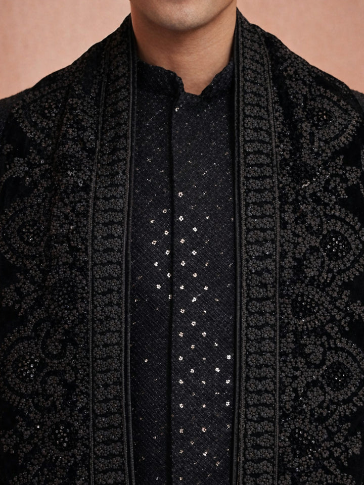 Men Black Chikankari Rayon Sherwani with Pant &amp; Embroidered Velvet Dupatta Set