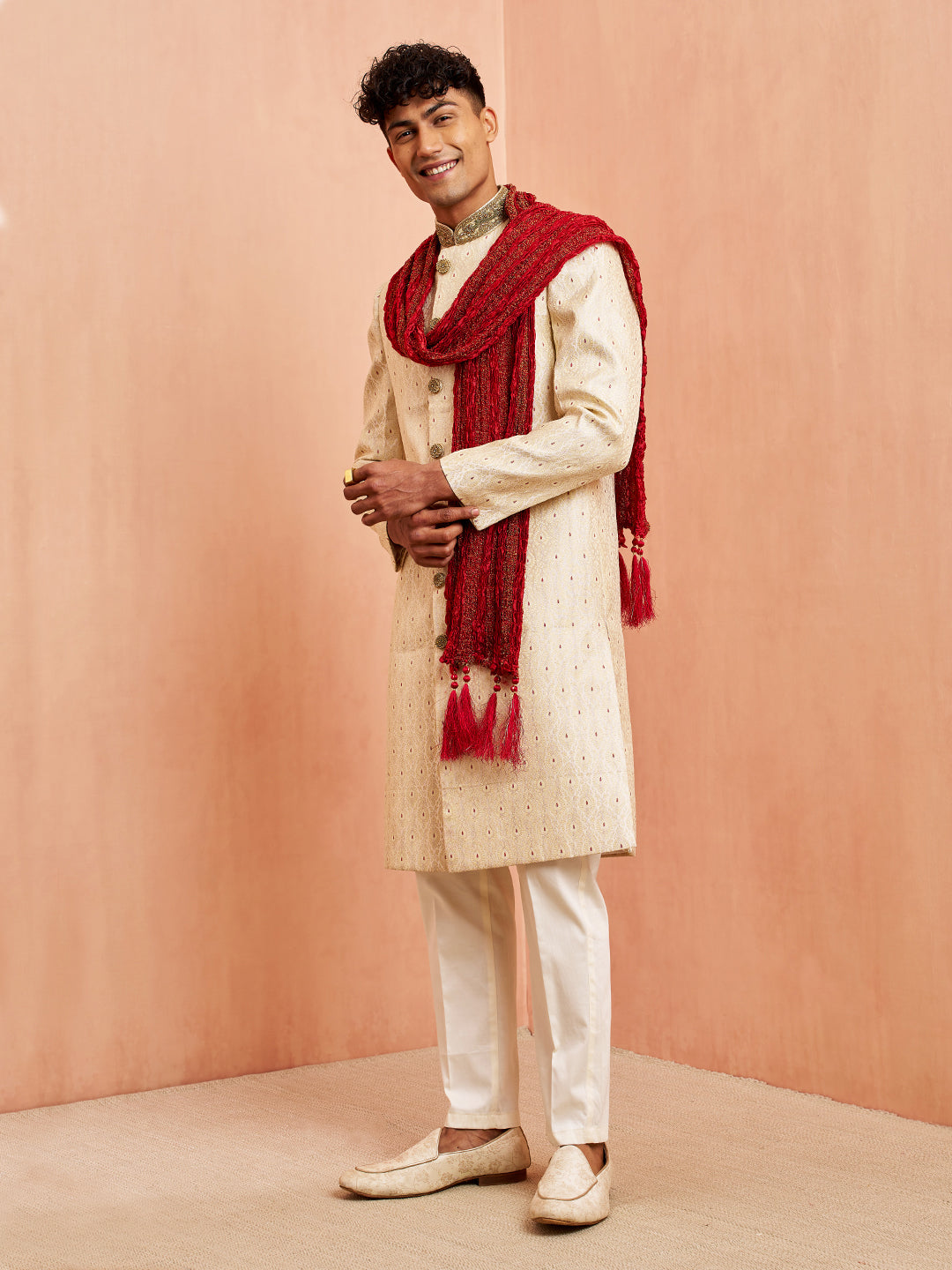 Men's Cream Jacquard Sherwani Pyjama Dupatta Set