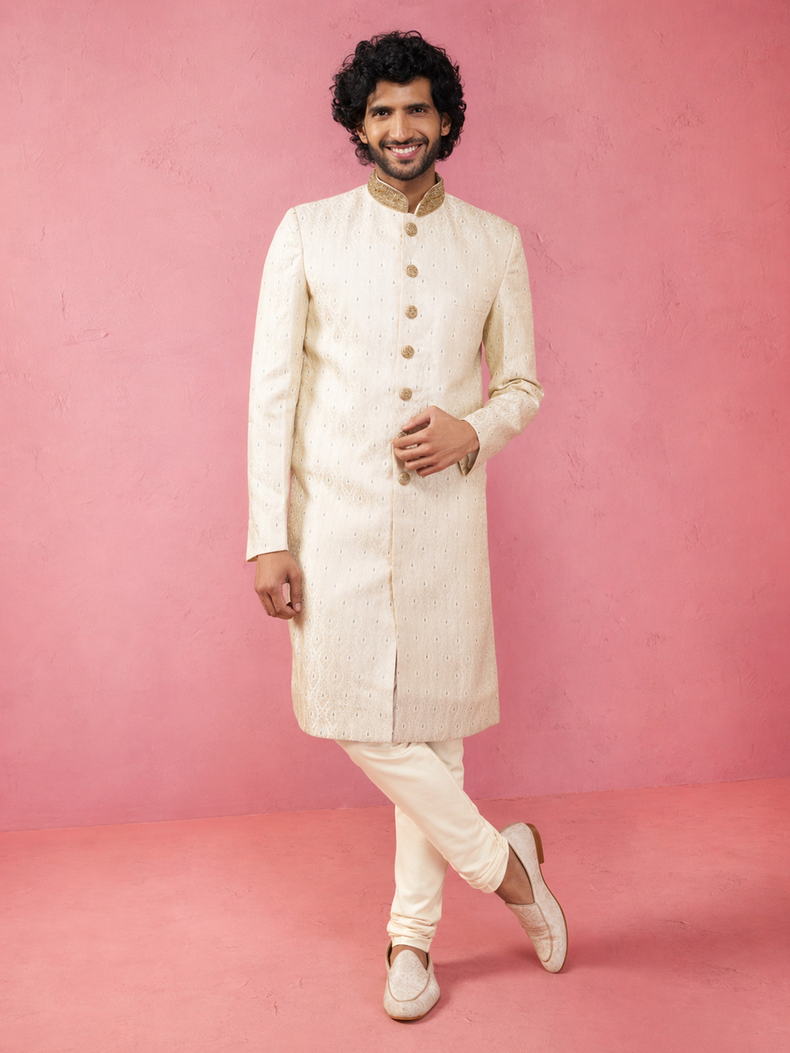 Cream Silk Blend Woven Design Sherwani Set for Men