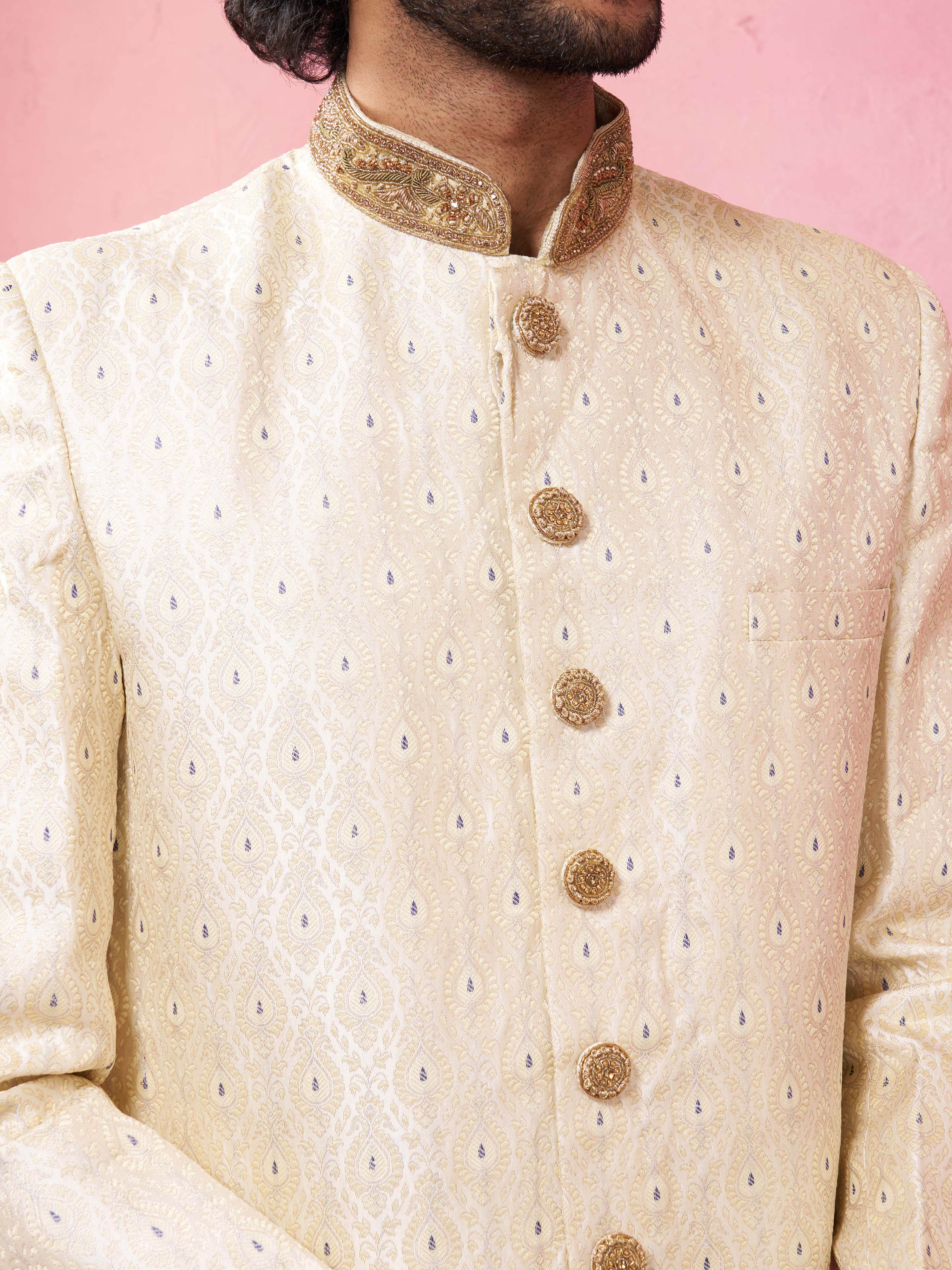 Men Cream Self Design Woven Design Thigh Length Sherwani Set with Churidar