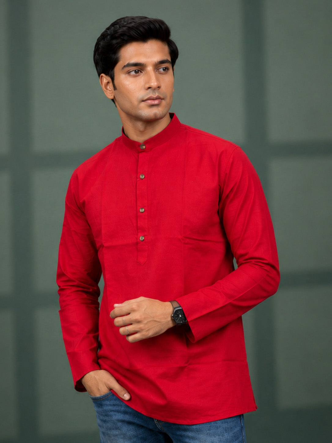 Men's Red Cotton Self Design Kurta with Mandarin Collar