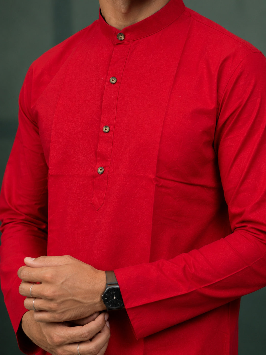Men's Red Cotton Self Design Regular Kurta