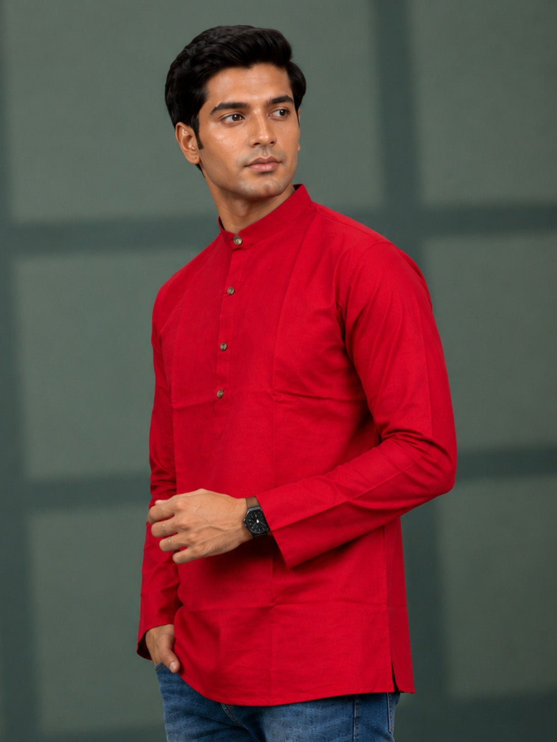 Men's Red Cotton Self Design Regular Kurta