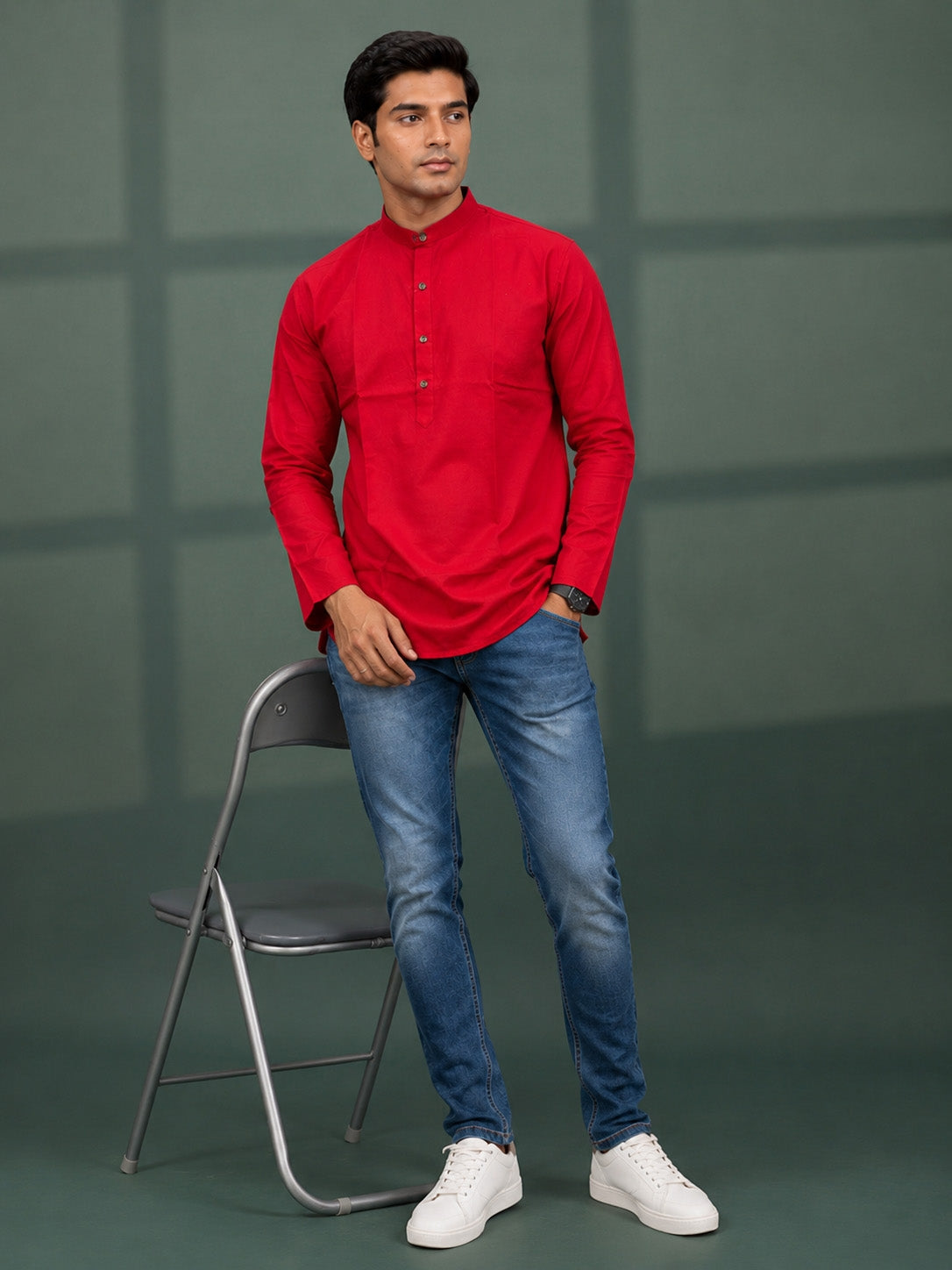 Men's Red Cotton Self Design Regular Kurta