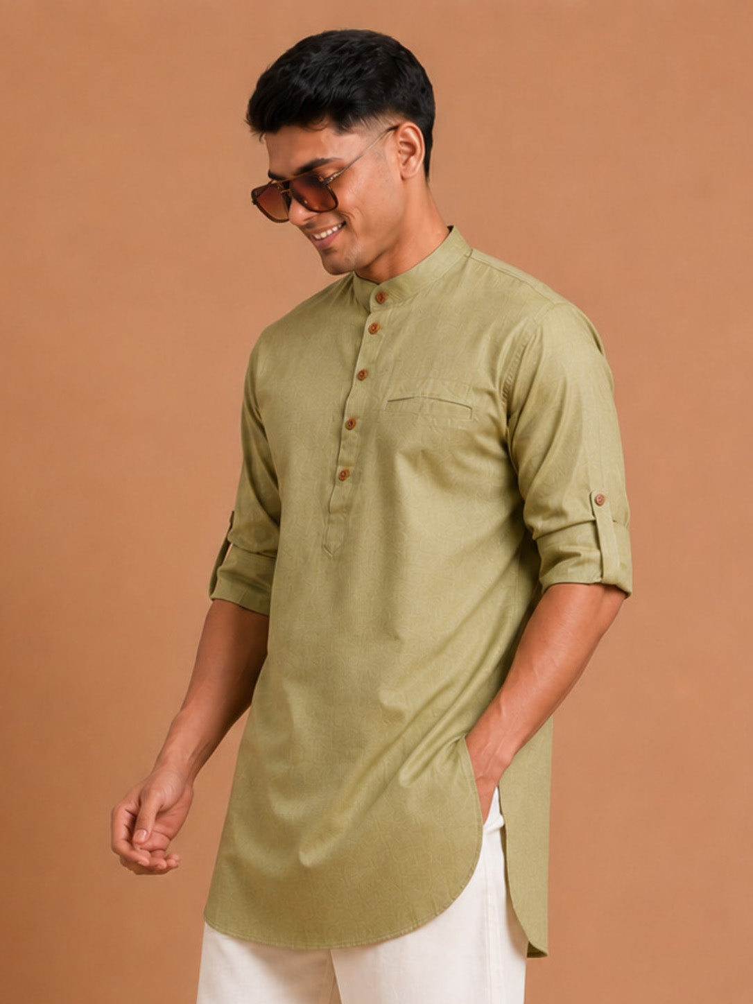 Men's Olive Cotton Solid Thigh Length Kurta