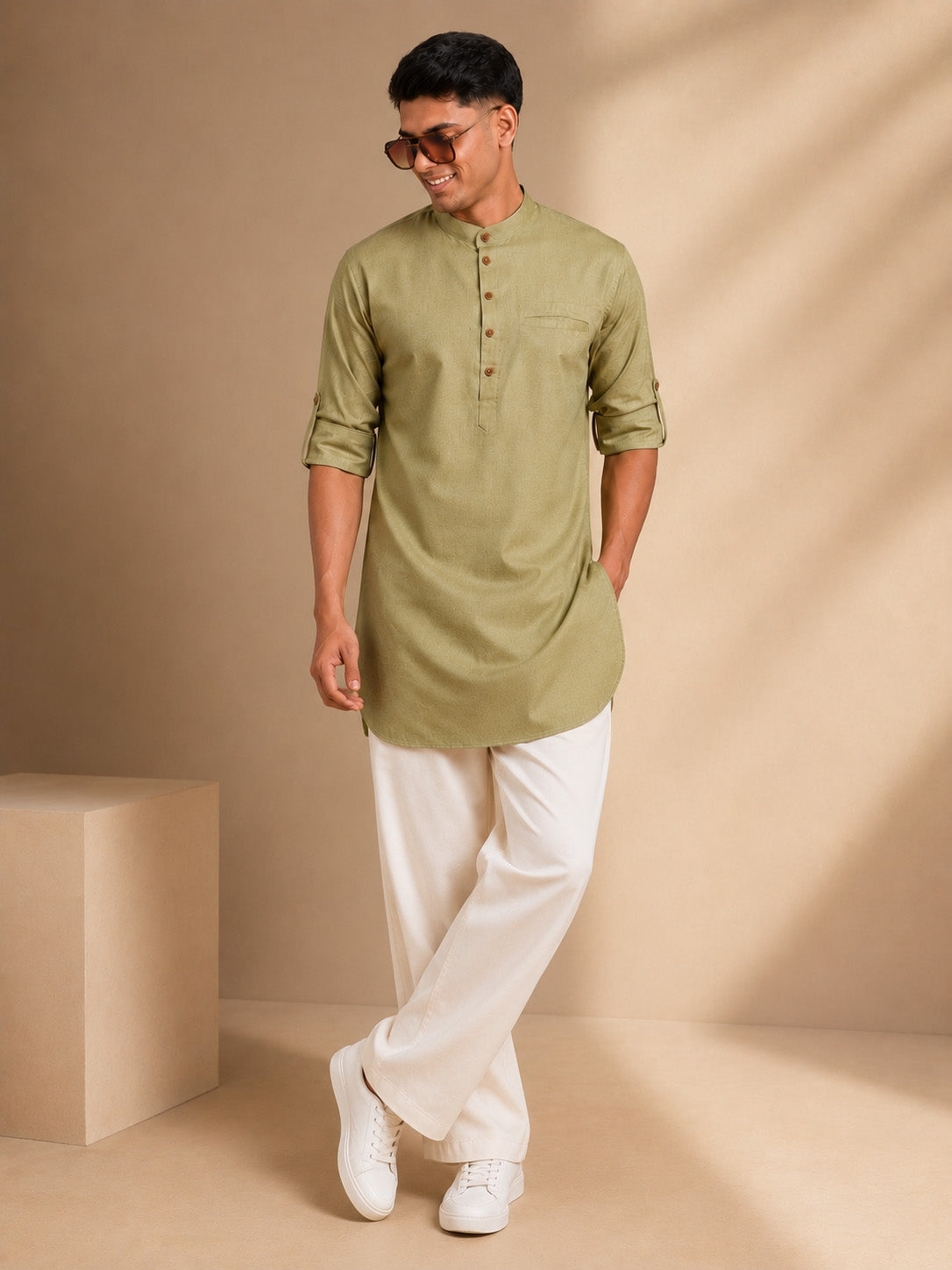 Men's Olive Cotton Solid Thigh Length Kurta
