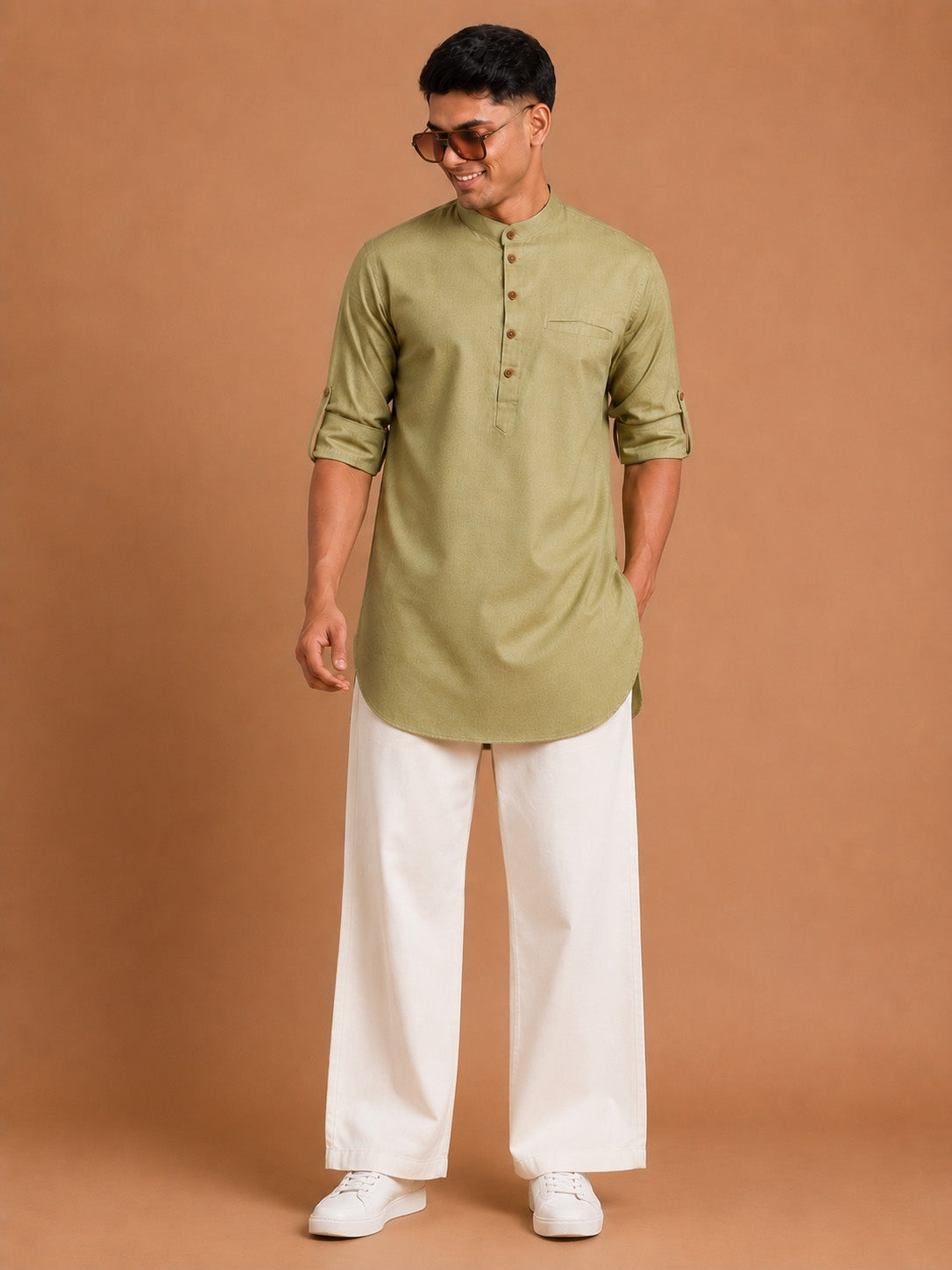 Men's Olive Cotton Solid Thigh Length Kurta Pant Set with Wide Leg Pant