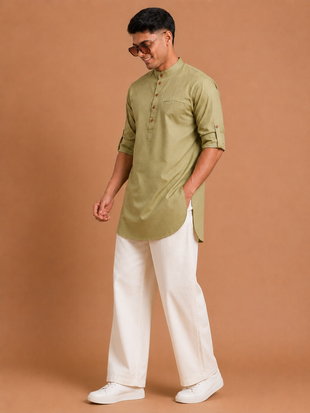Men's Olive Cotton Solid Thigh Length Kurta Pant Set with Wide Leg Pant