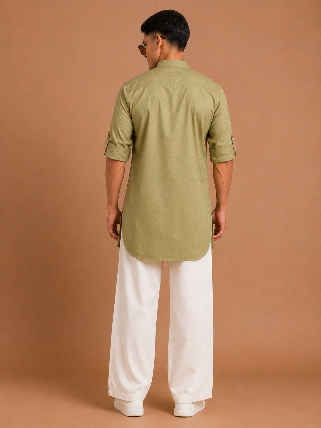 Men's Olive Cotton Solid Thigh Length Kurta Pant Set with Wide Leg Pant