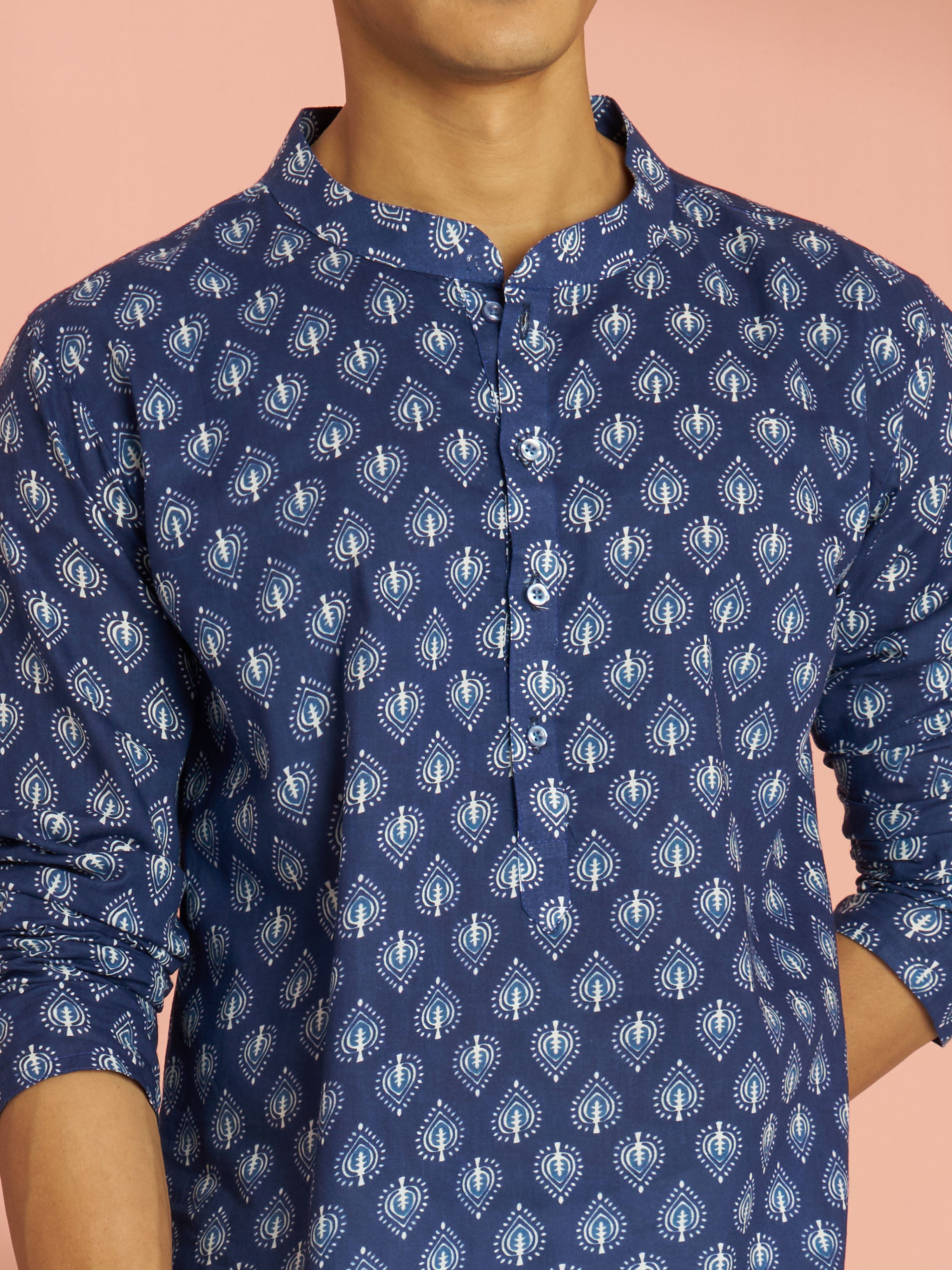 Men's Blue Indigo Ethnic Motif Print Cotton Short Kurta with Stand Collar