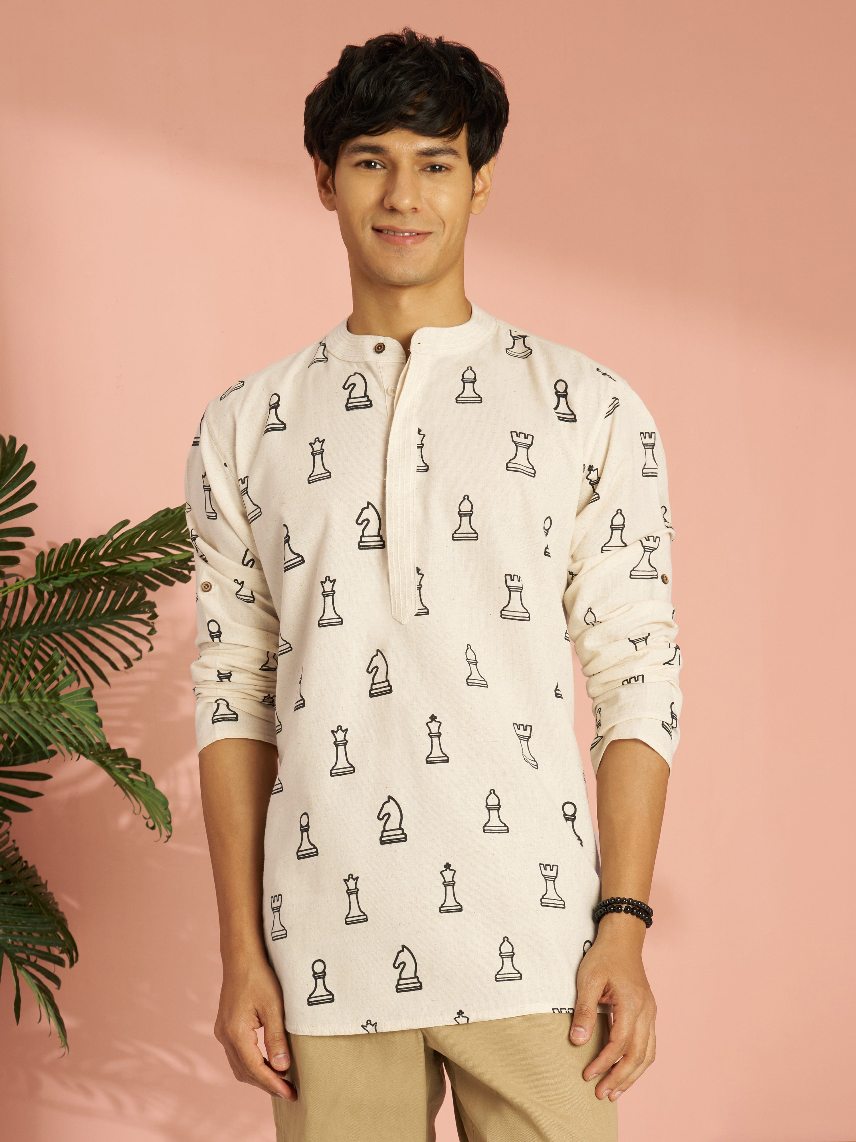Men's Cream Abstract Block Print Cotton Short Kurta