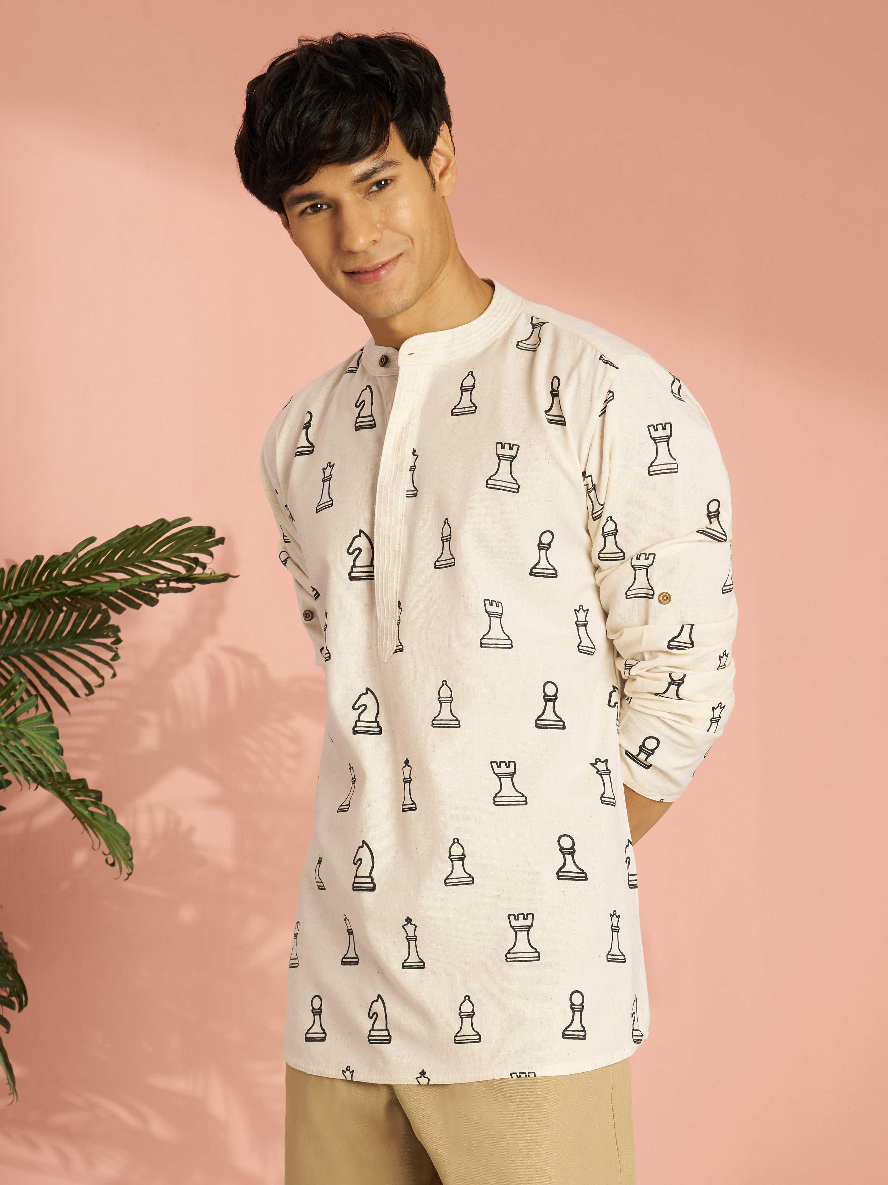 Men's Cream Abstract Block Print Cotton Short Kurta