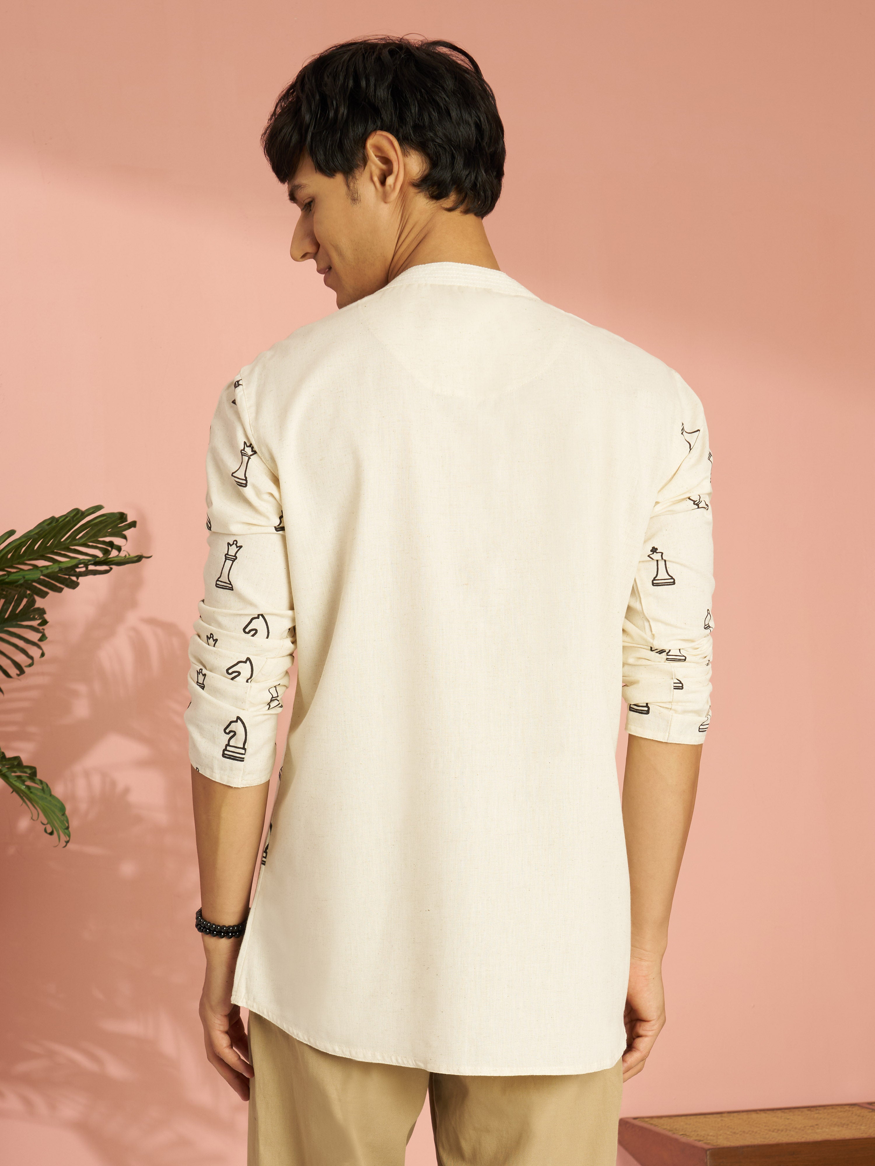 Men's Cream Abstract Block Print Cotton Short Kurta