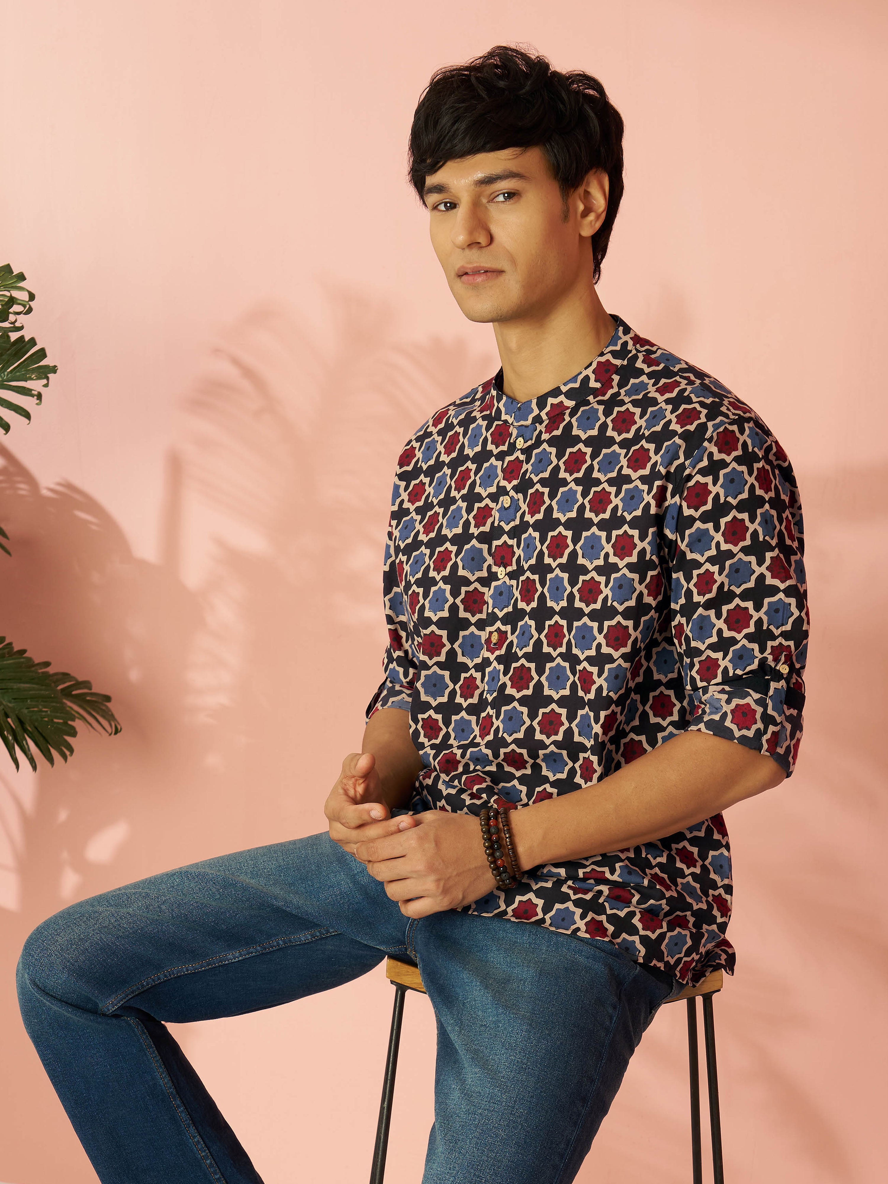 Men's Black Cotton Geometric Print Kurta | Full Sleeve