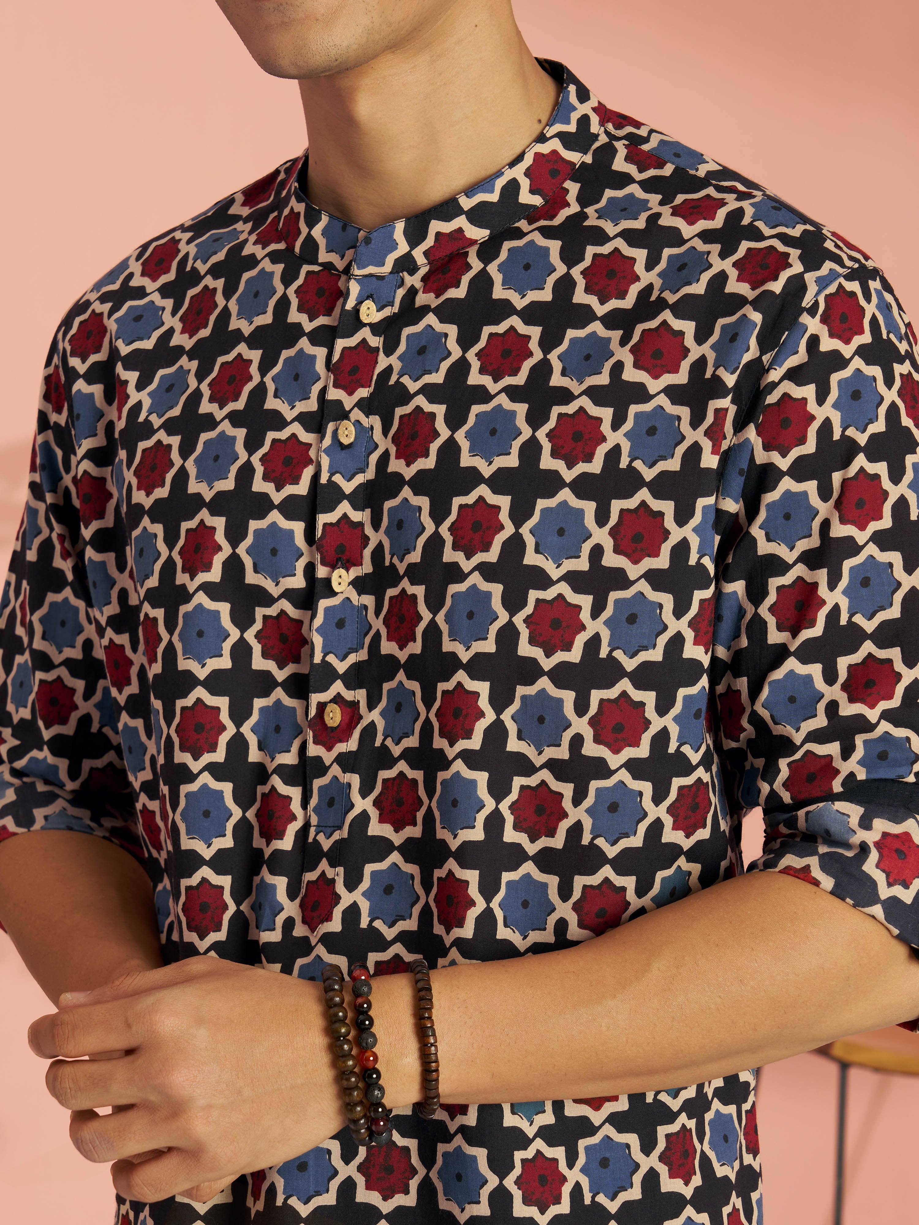 Men's Black Cotton Geometry Regular Kurta