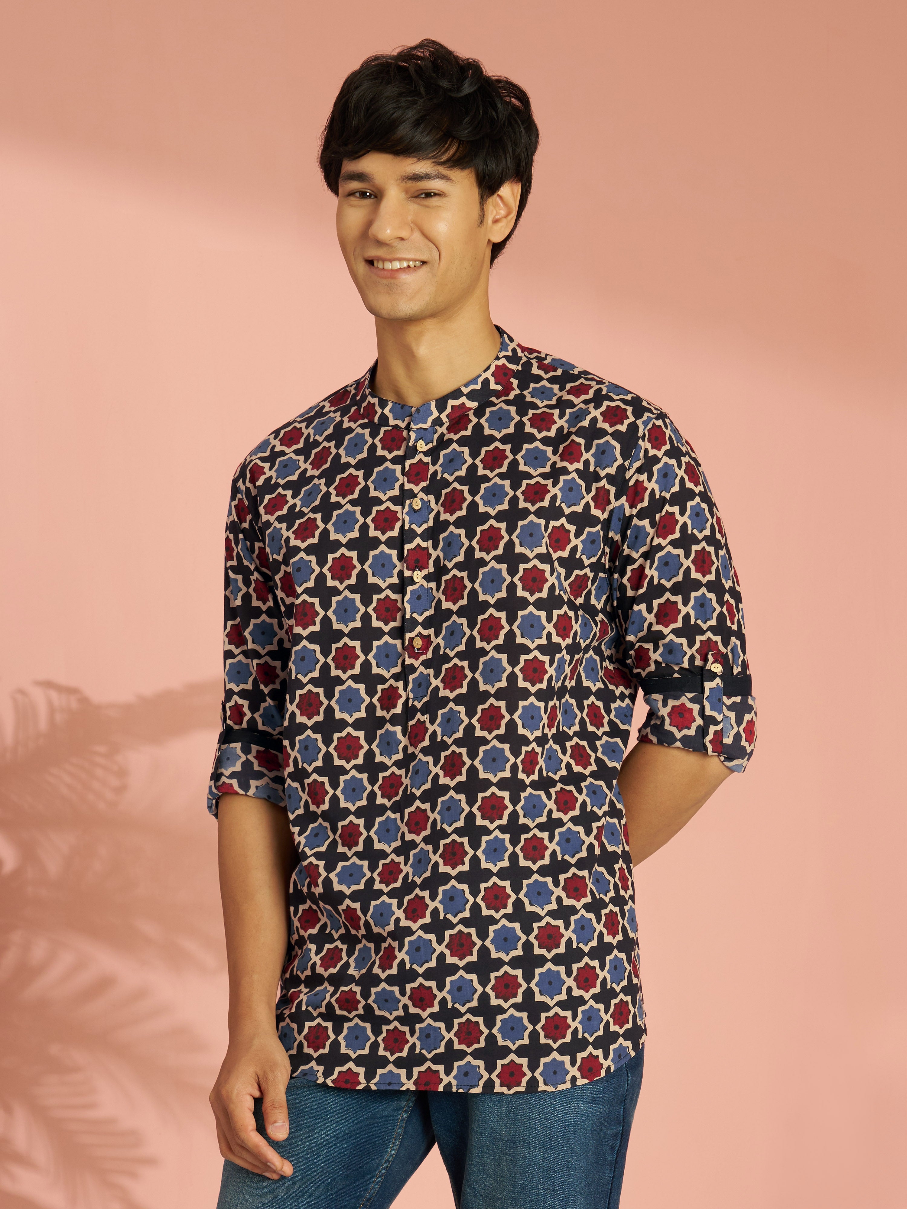 Men's Black Cotton Geometry Regular Kurta