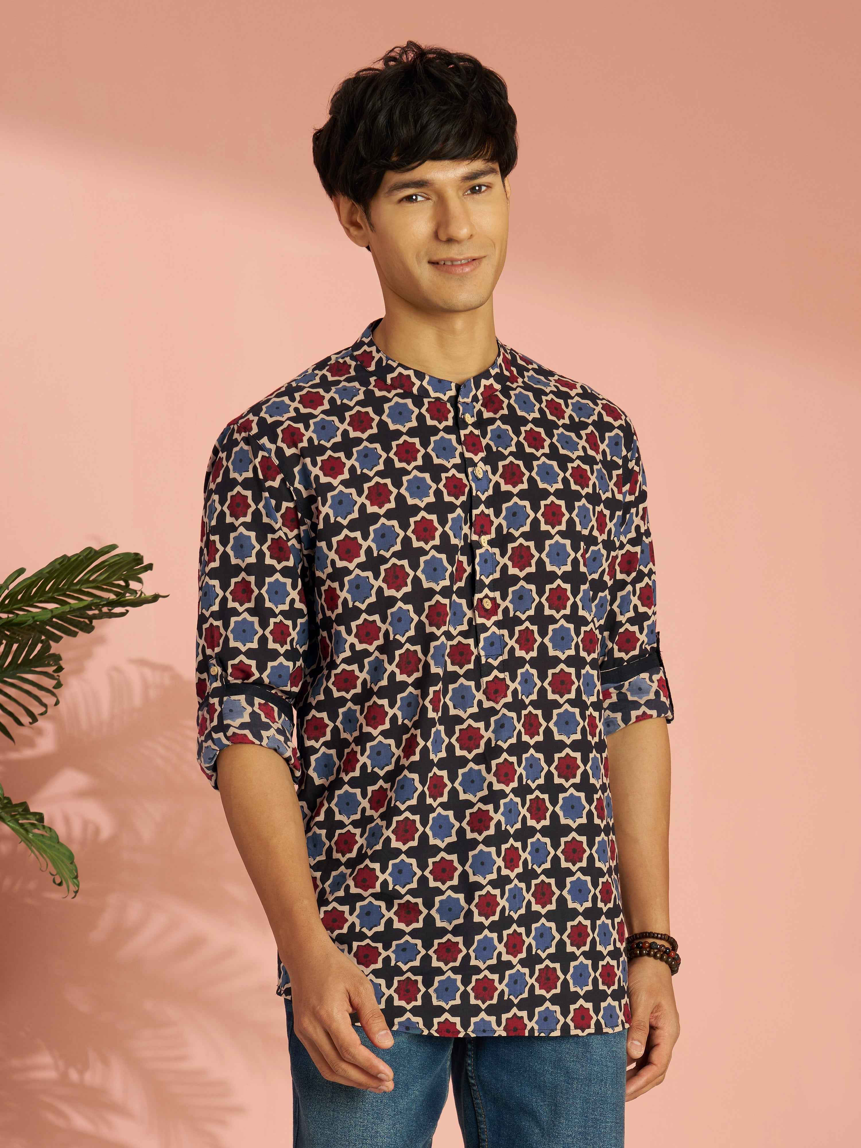 Men's Black Cotton Geometry Regular Kurta