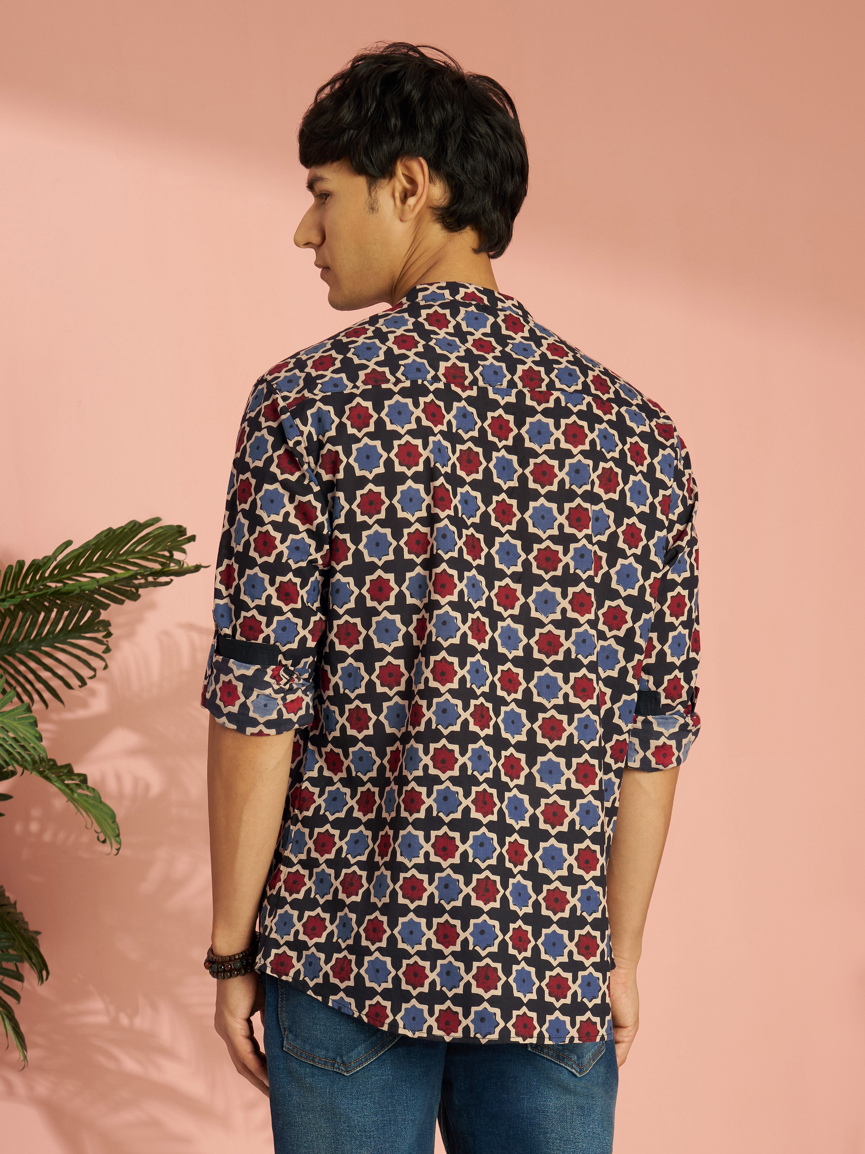 Men's Black Cotton Geometry Regular Kurta