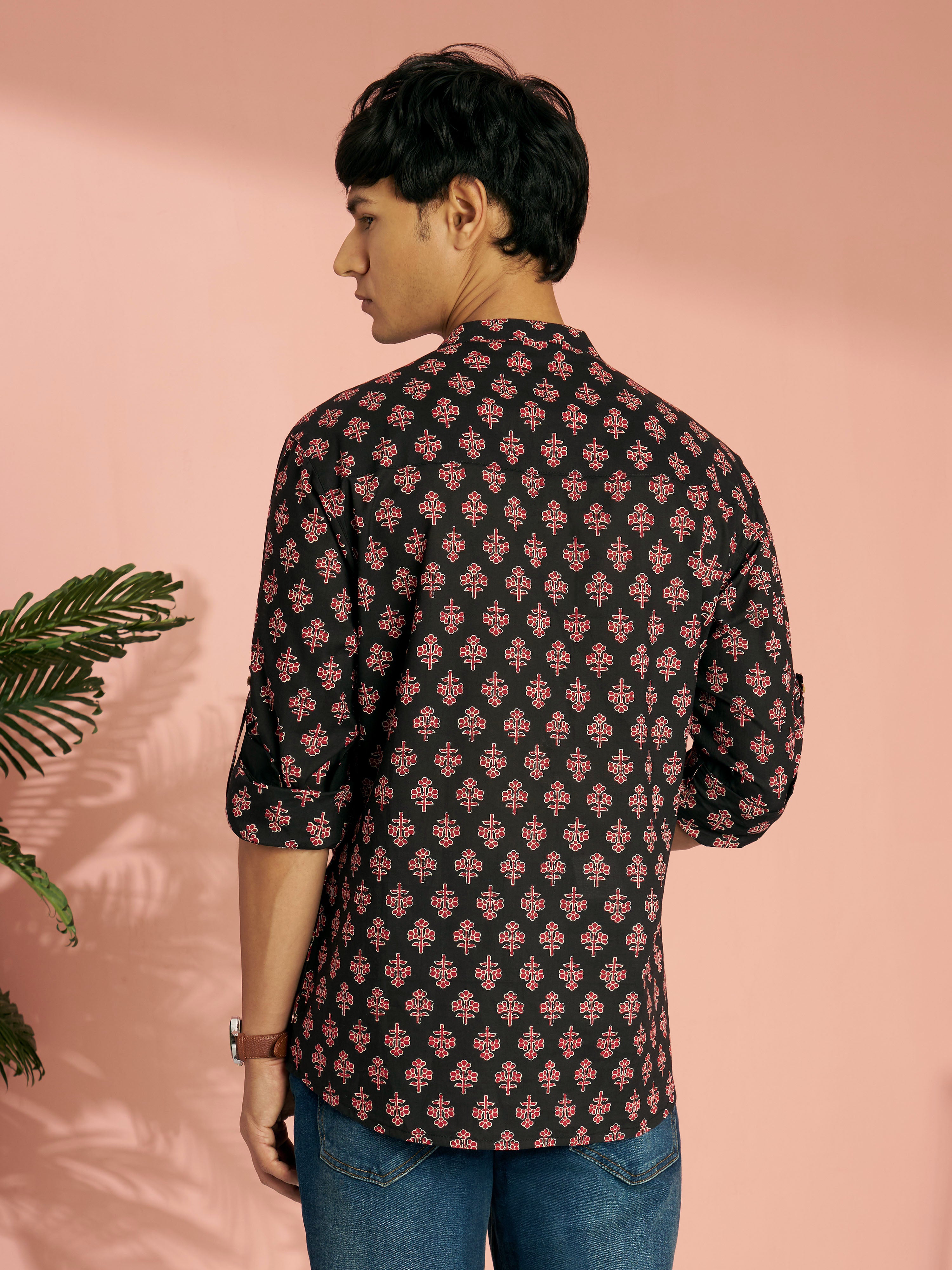 Men's Black Floral Print Cotton Short Kurta