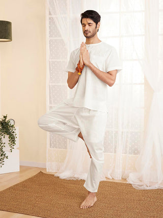 VASTRAMAY Men's White Cotton Kurta Pyjama Set