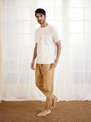 VASTRAMAY Men's White And Beige Cotton Kurta Pyjama Set